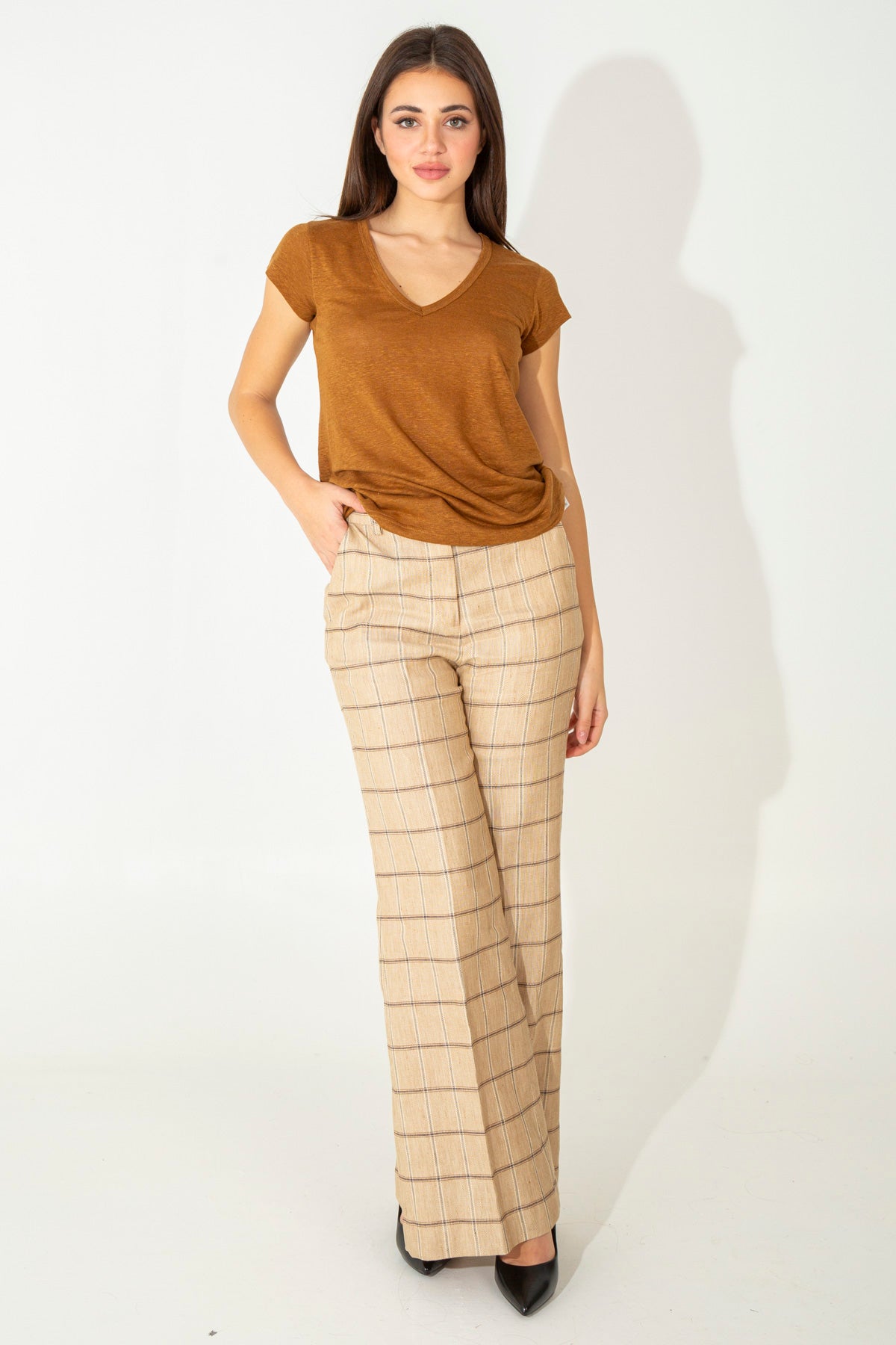 Pantaloni palazzo check in tela di lino