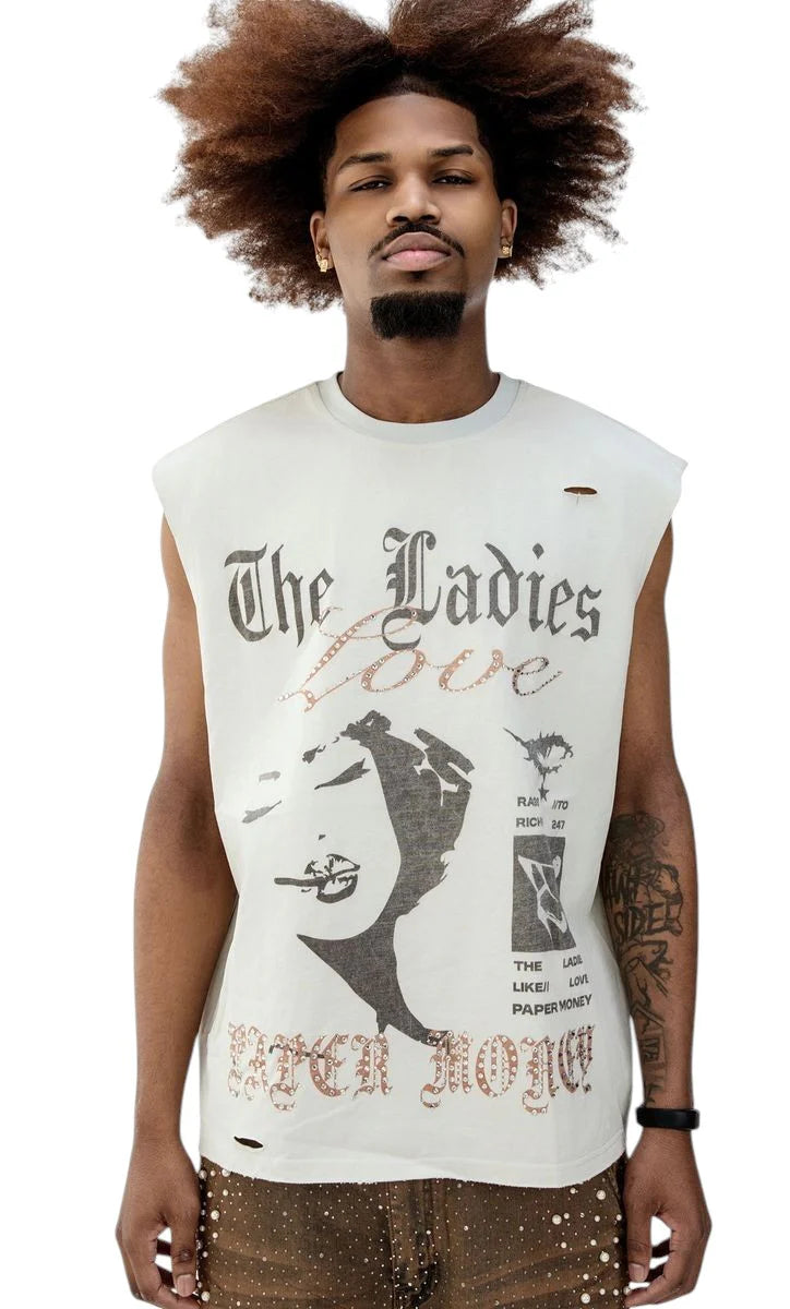 T-shirt smanicata con stampa e applicazioni