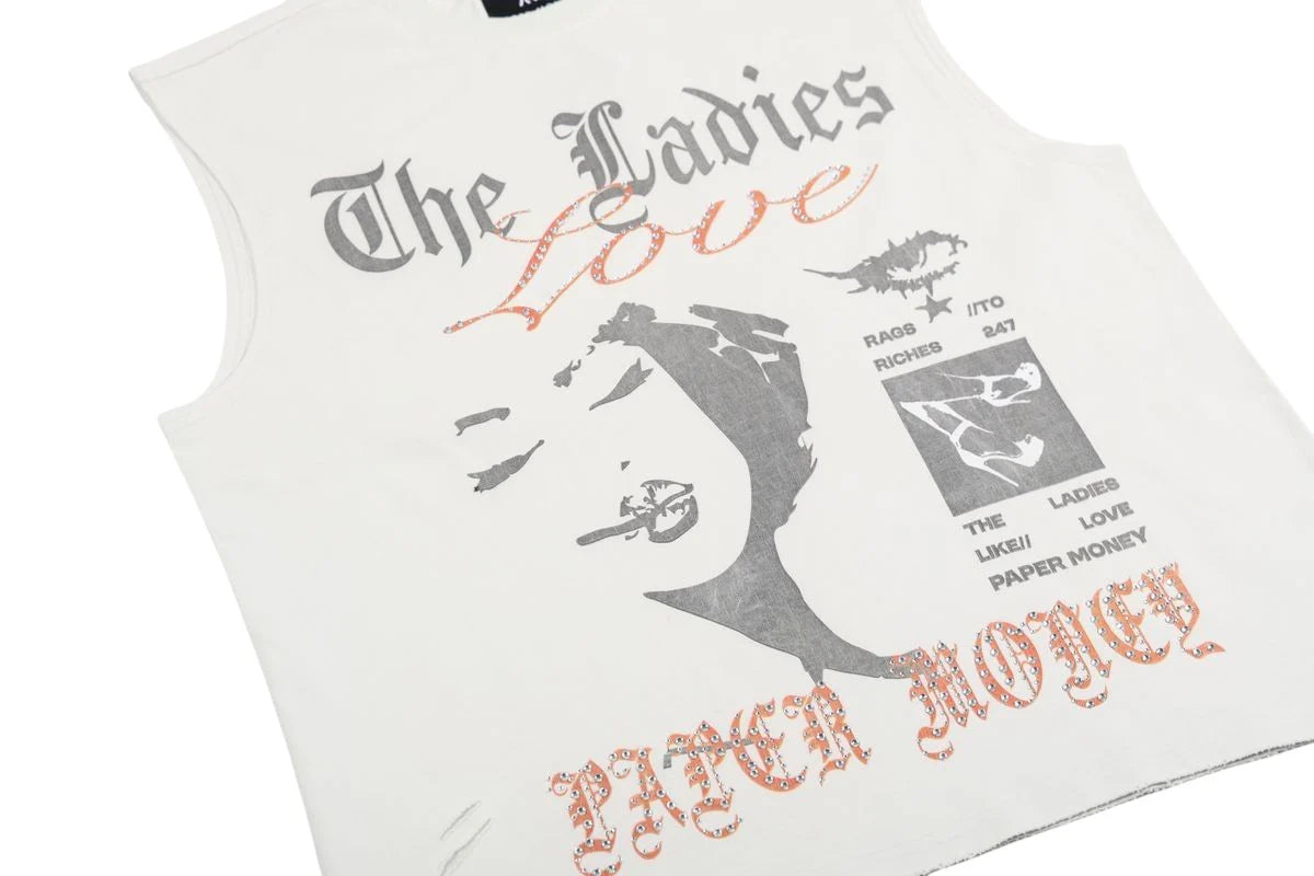 T-shirt smanicata con stampa e applicazioni