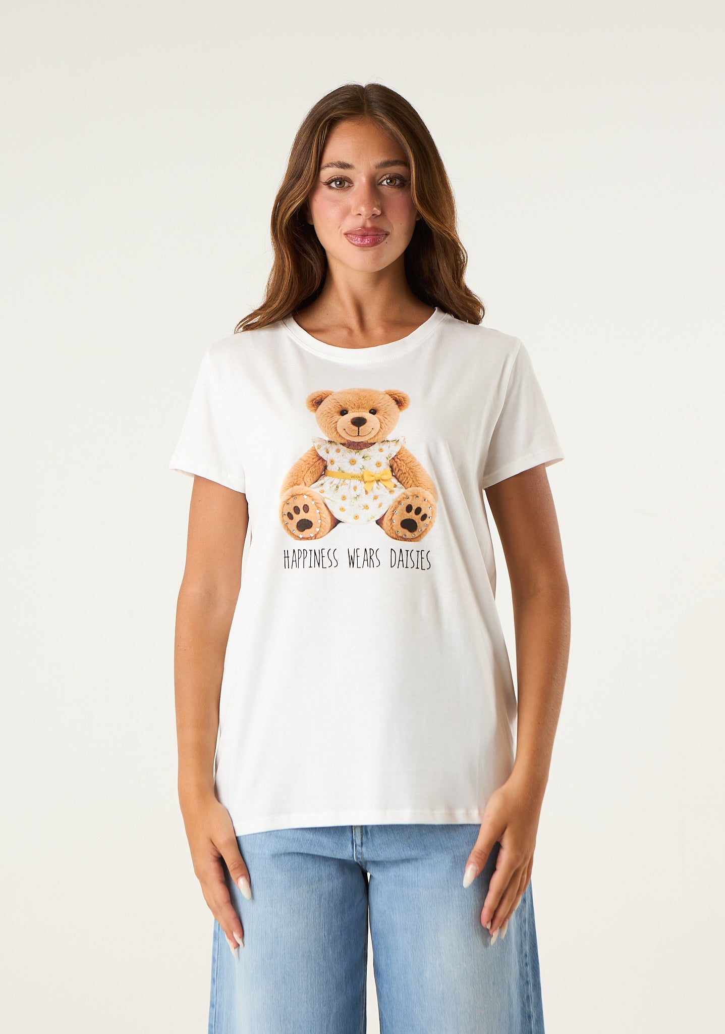 T-shirt con stampa e applicazioni frontali