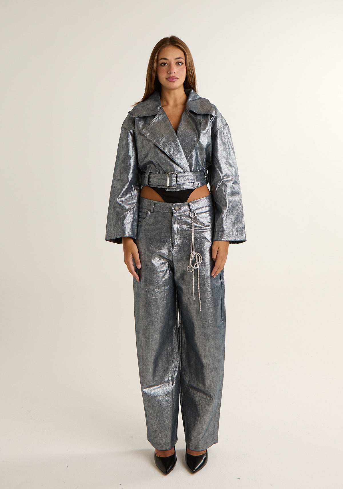 Trench corto in denim spalmato