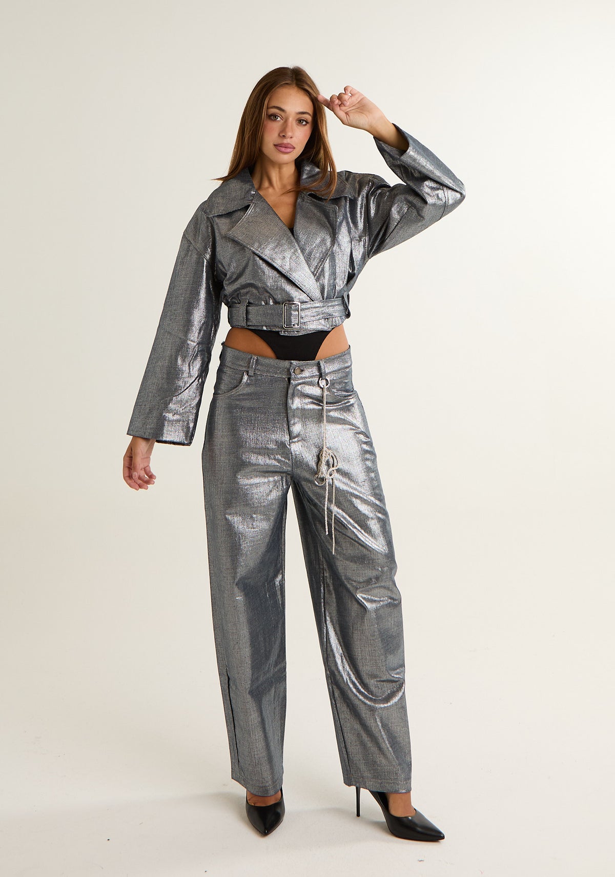 Trench corto in denim spalmato