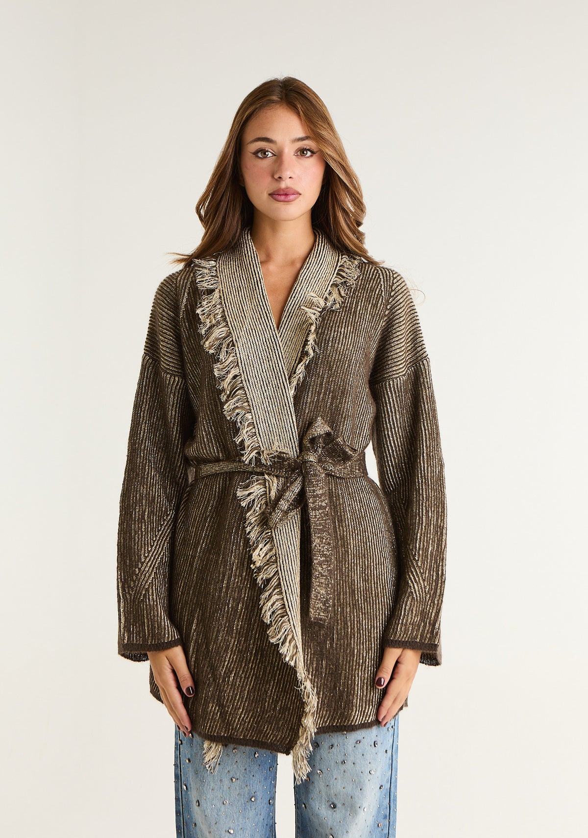 Cardigan sciallato con frange