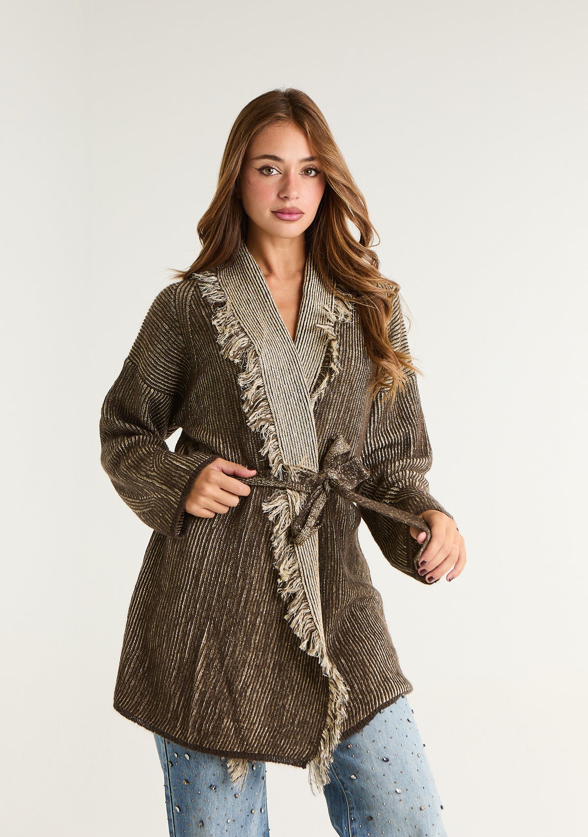 Cardigan sciallato con frange