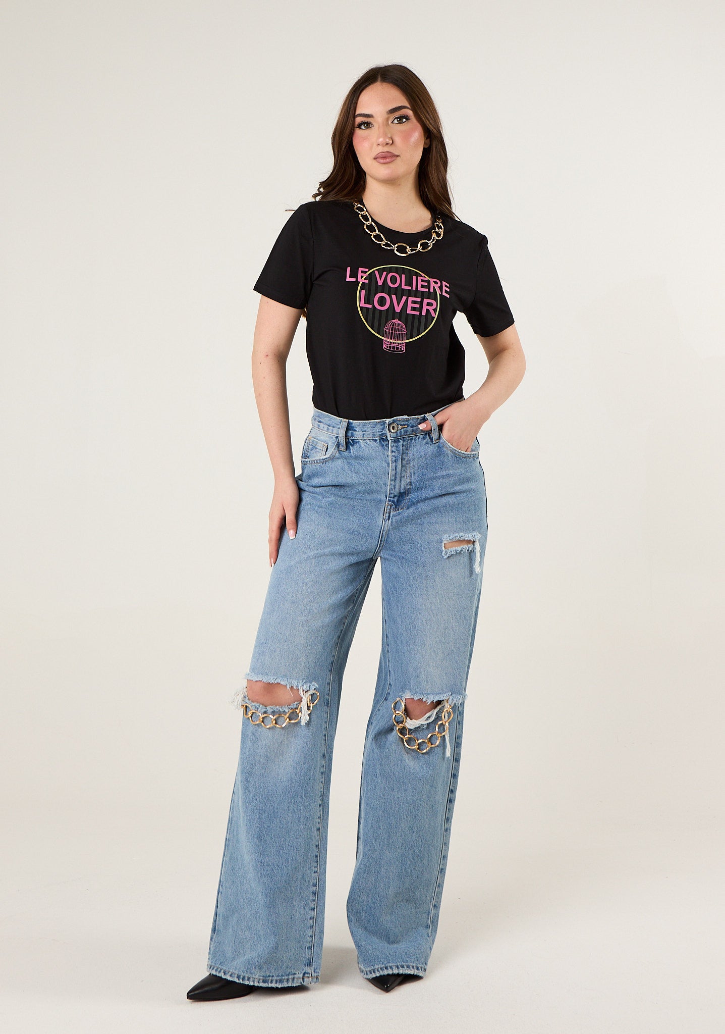 T-shirt con stampa e dettaglio a catena