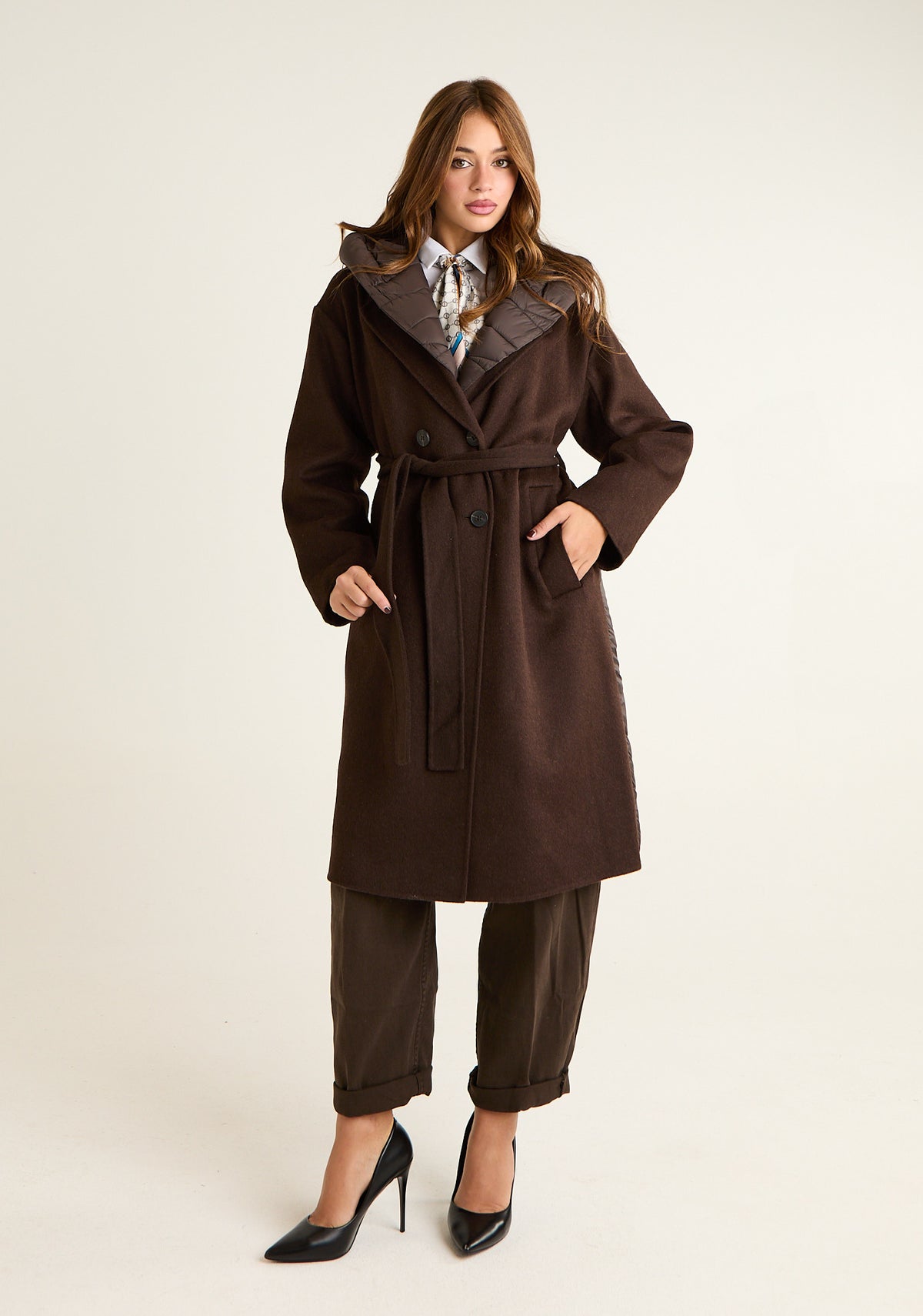 Cappotto bi-tessuto con cappuccio removibile