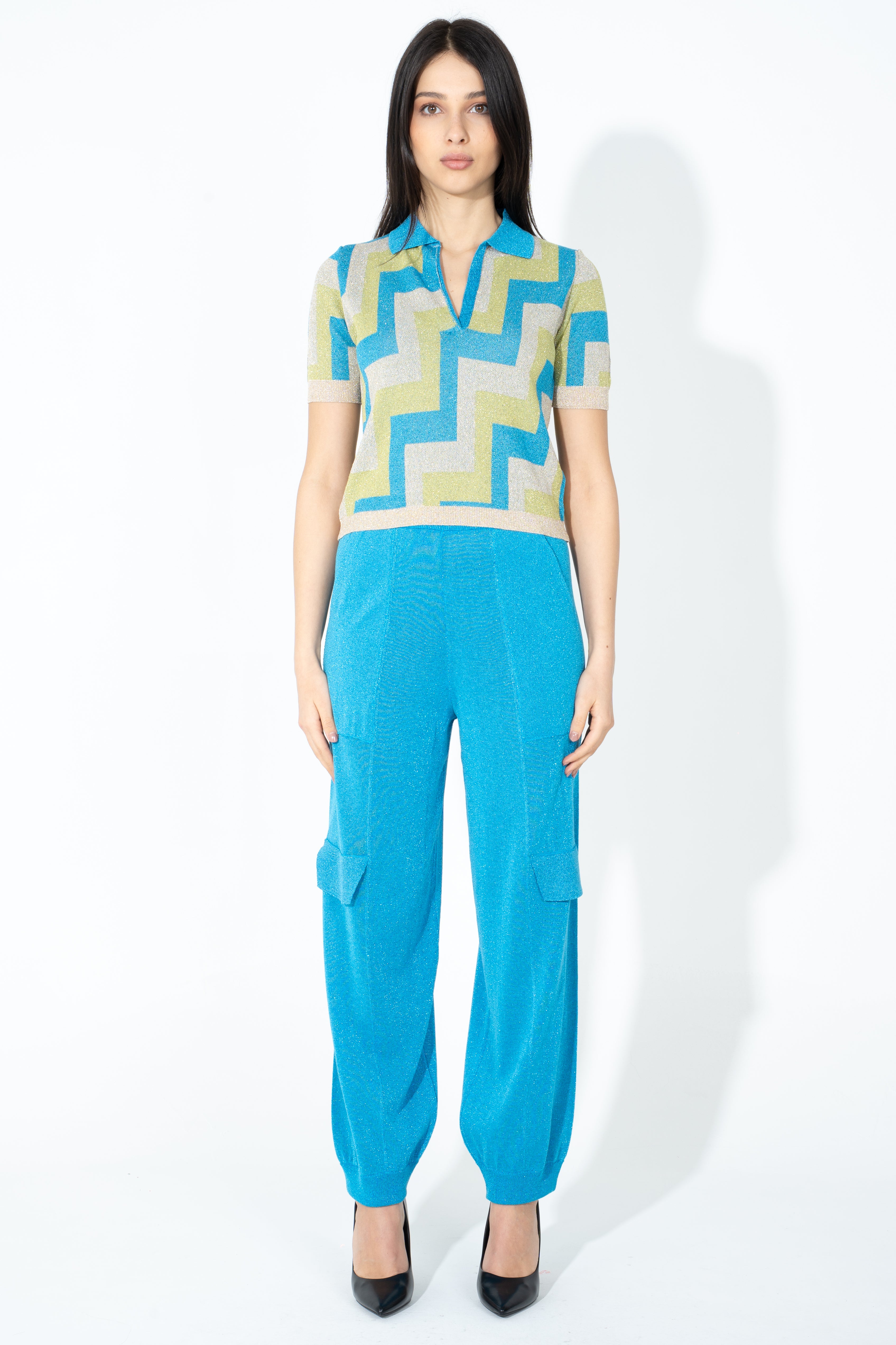 Pantalone cargo lurex in maglia