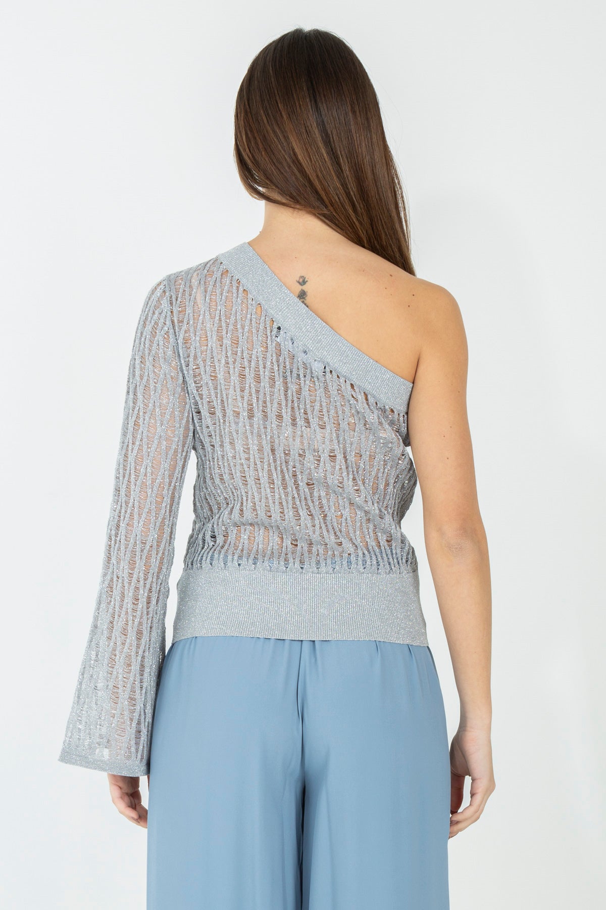 Maglia monospalla a trama metalizzata