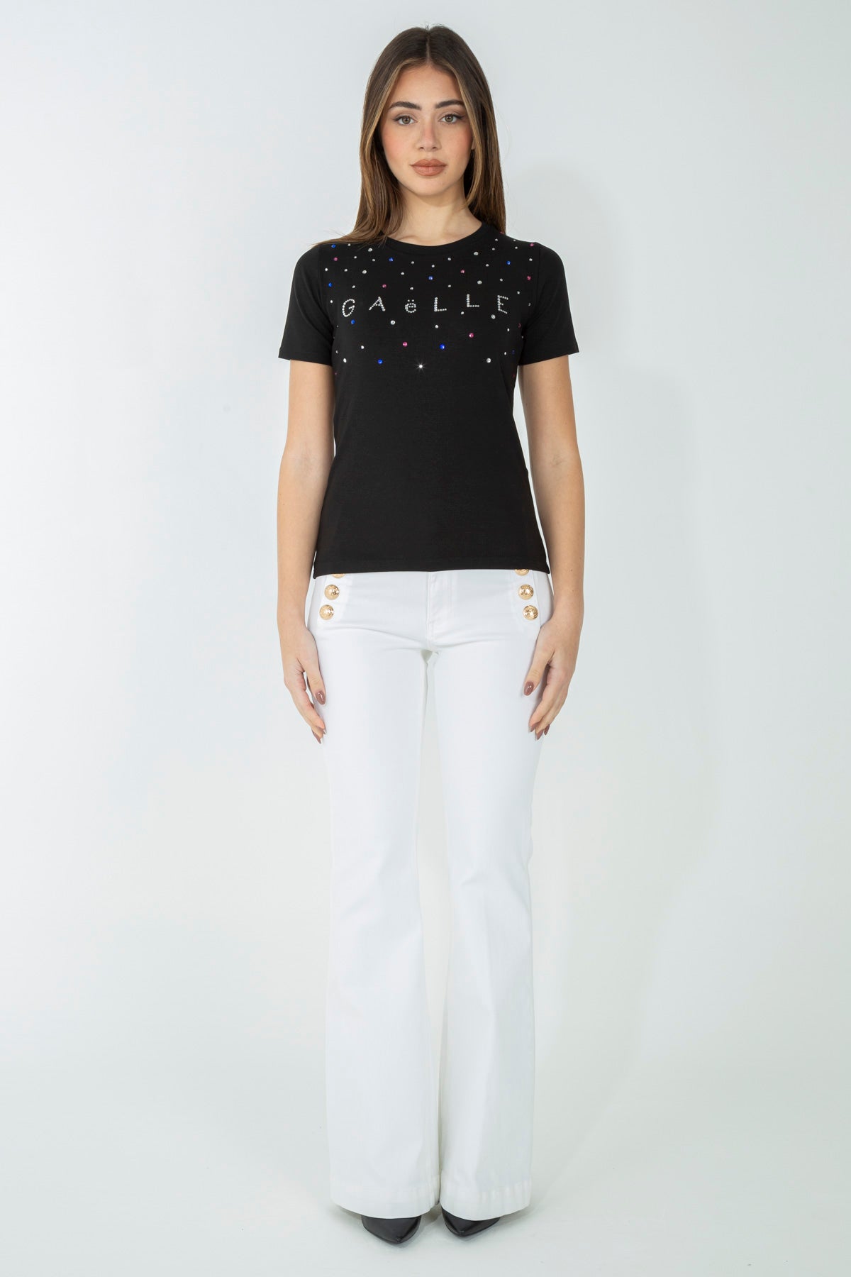 T-shirt con dettagli strass e perle colorate