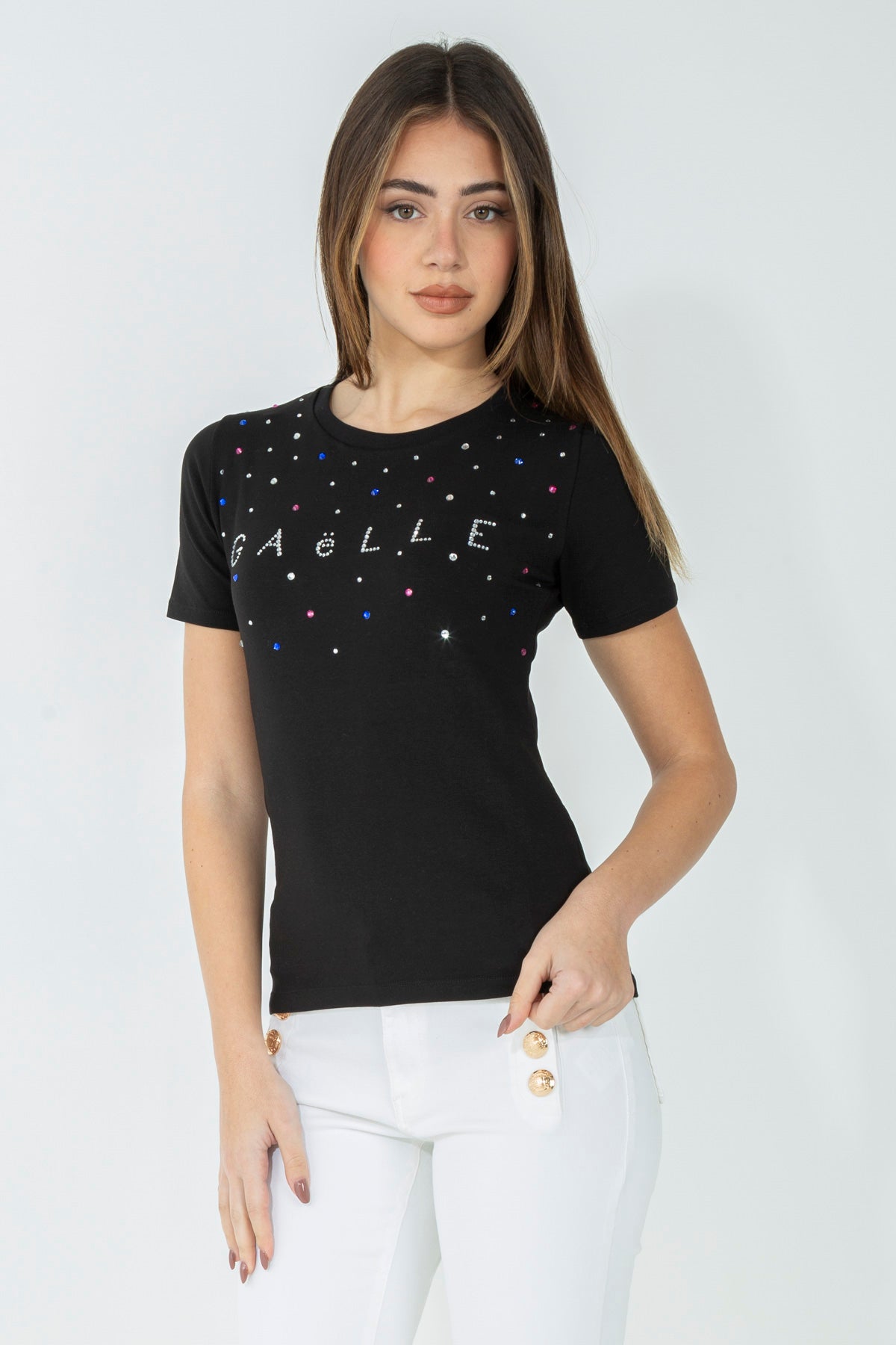 T-shirt con dettagli strass e perle colorate