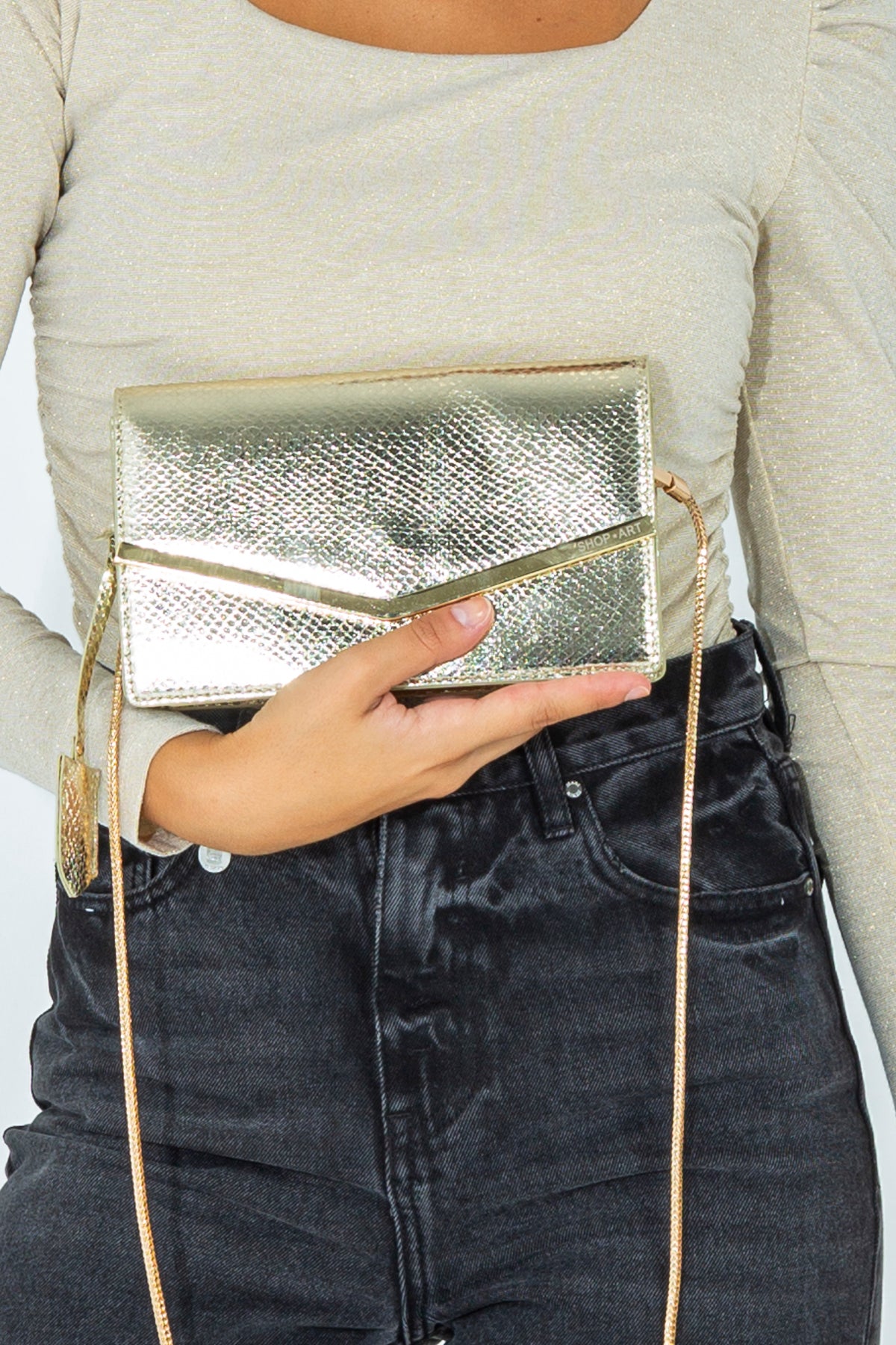 Metallic evening clutch