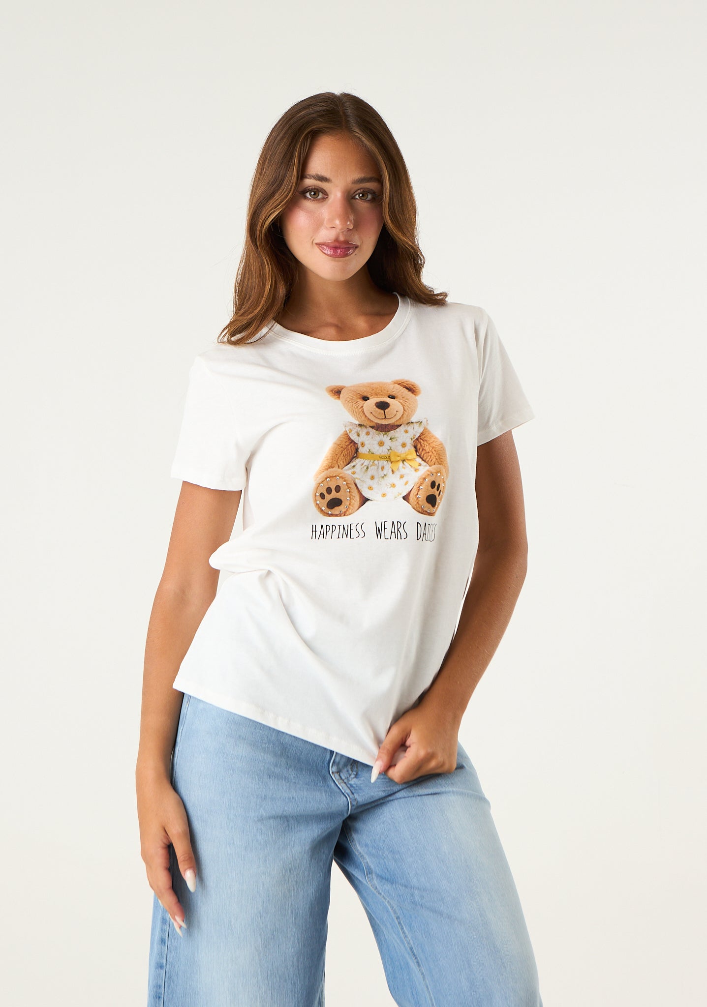 T-shirt con stampa e applicazioni frontali