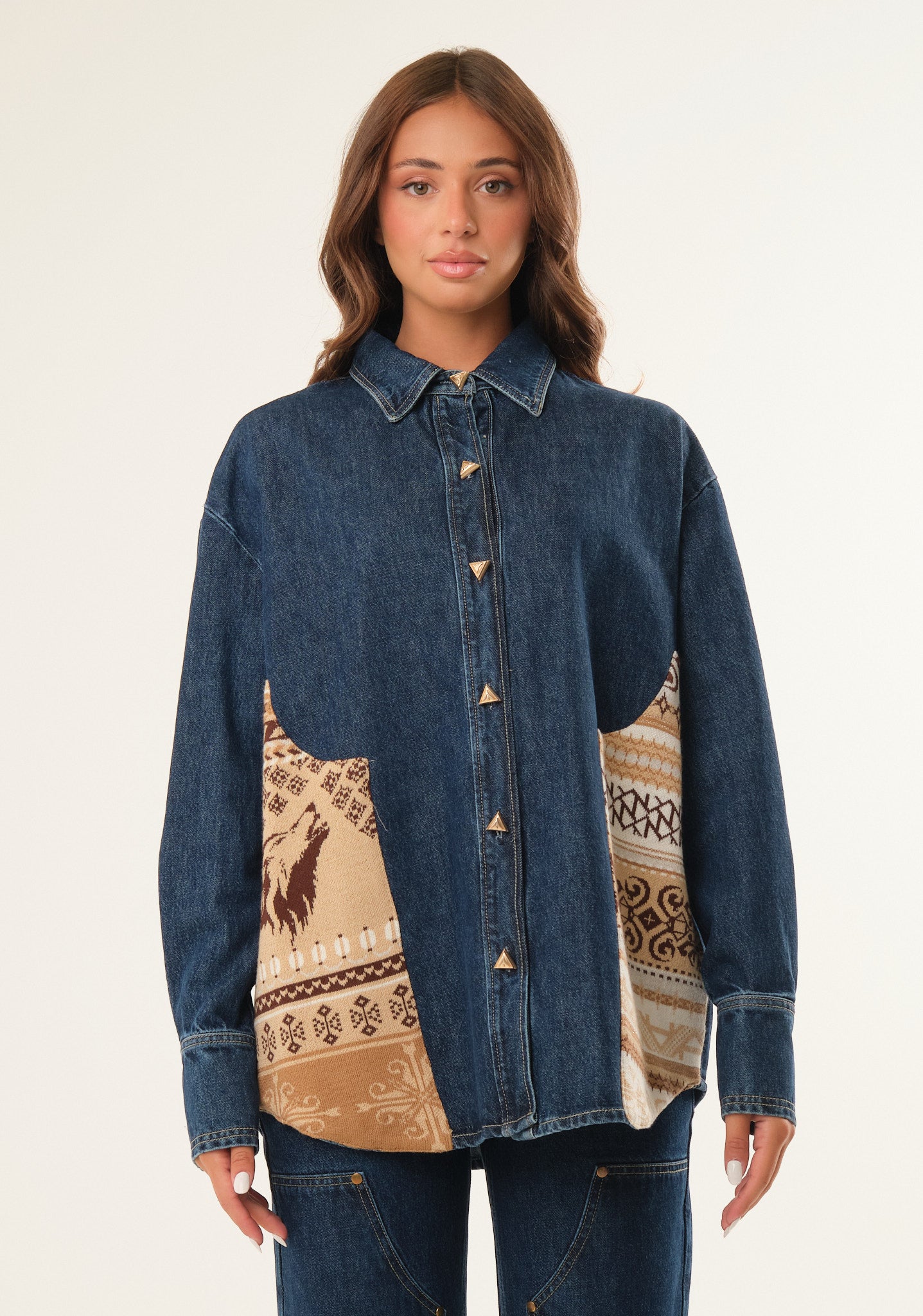 Camicia denim con inserti jacquard