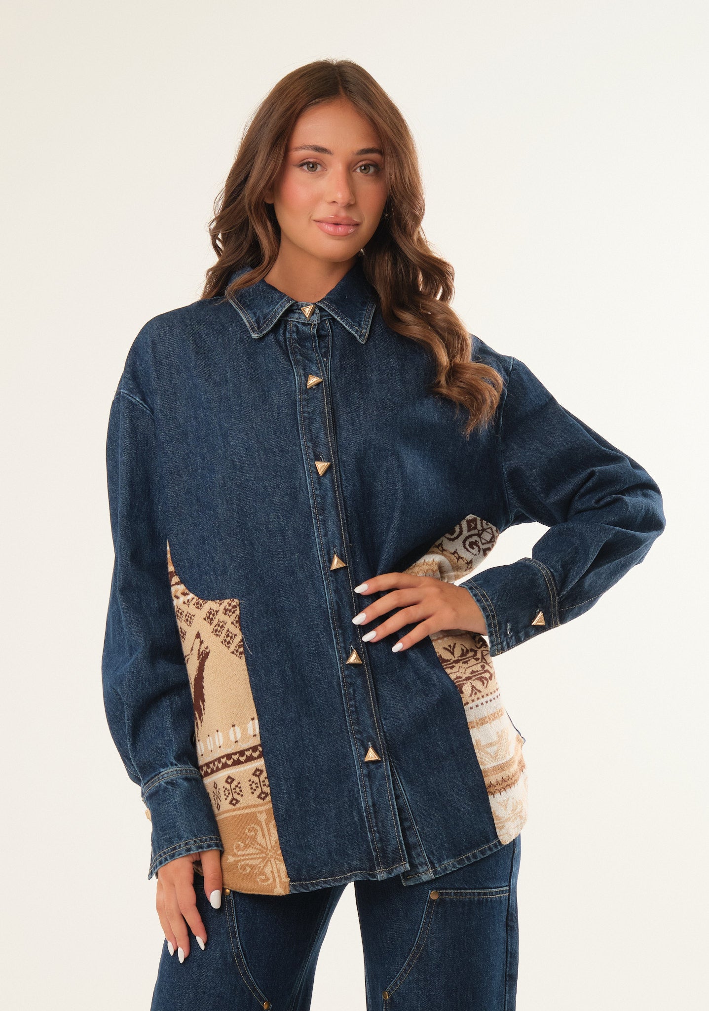 Camicia denim con inserti jacquard