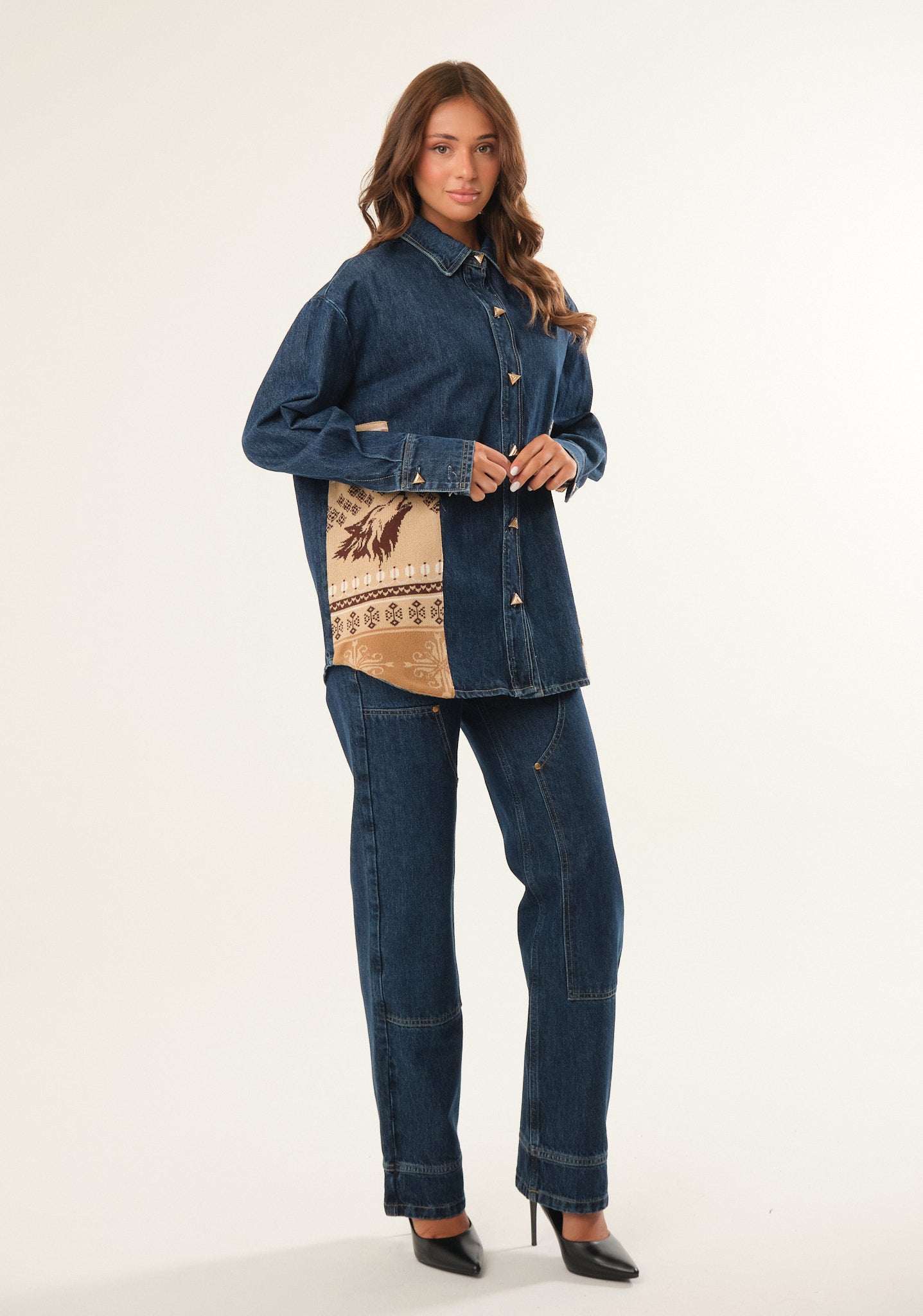 Camicia denim con inserti jacquard