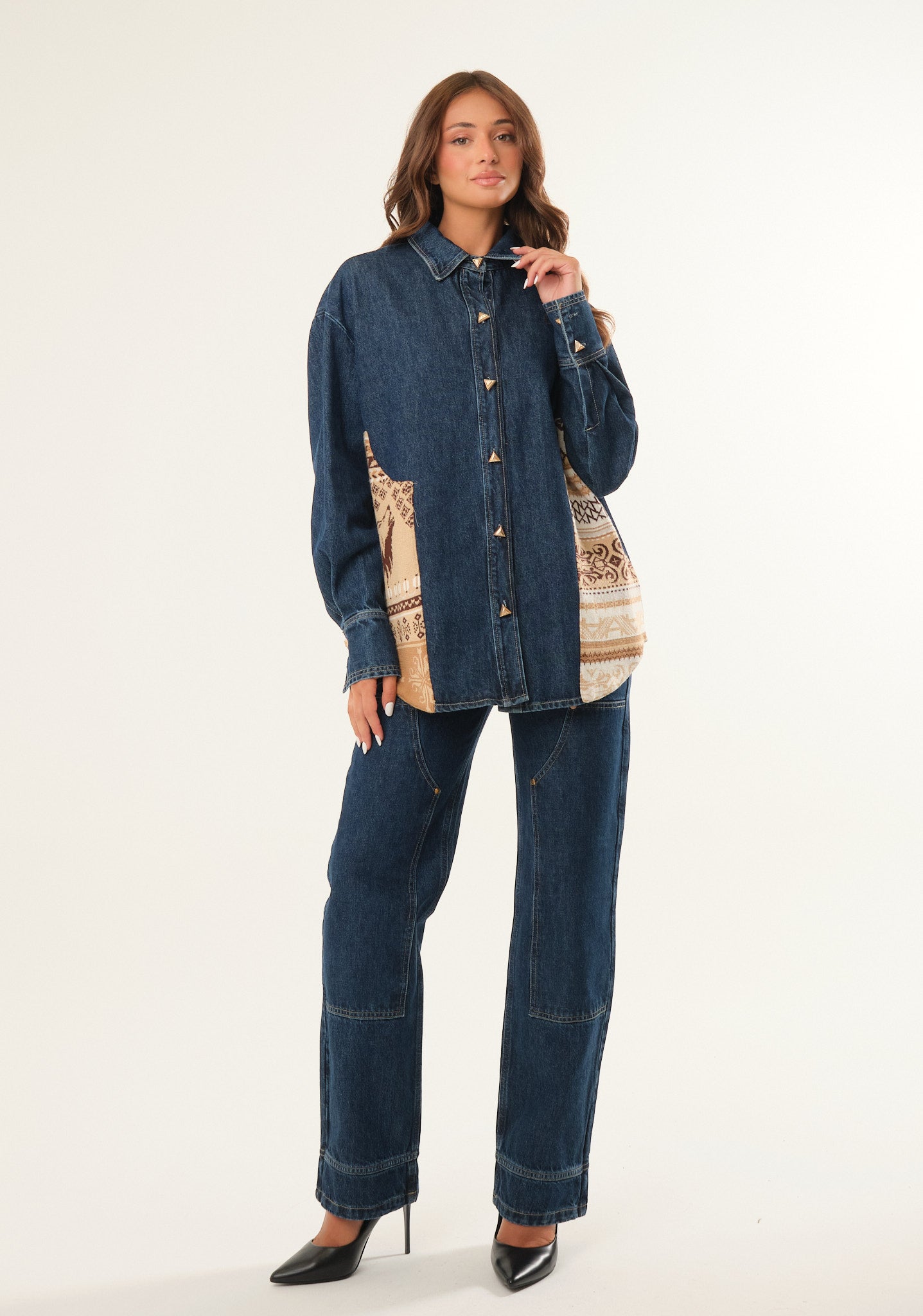 Camicia denim con inserti jacquard