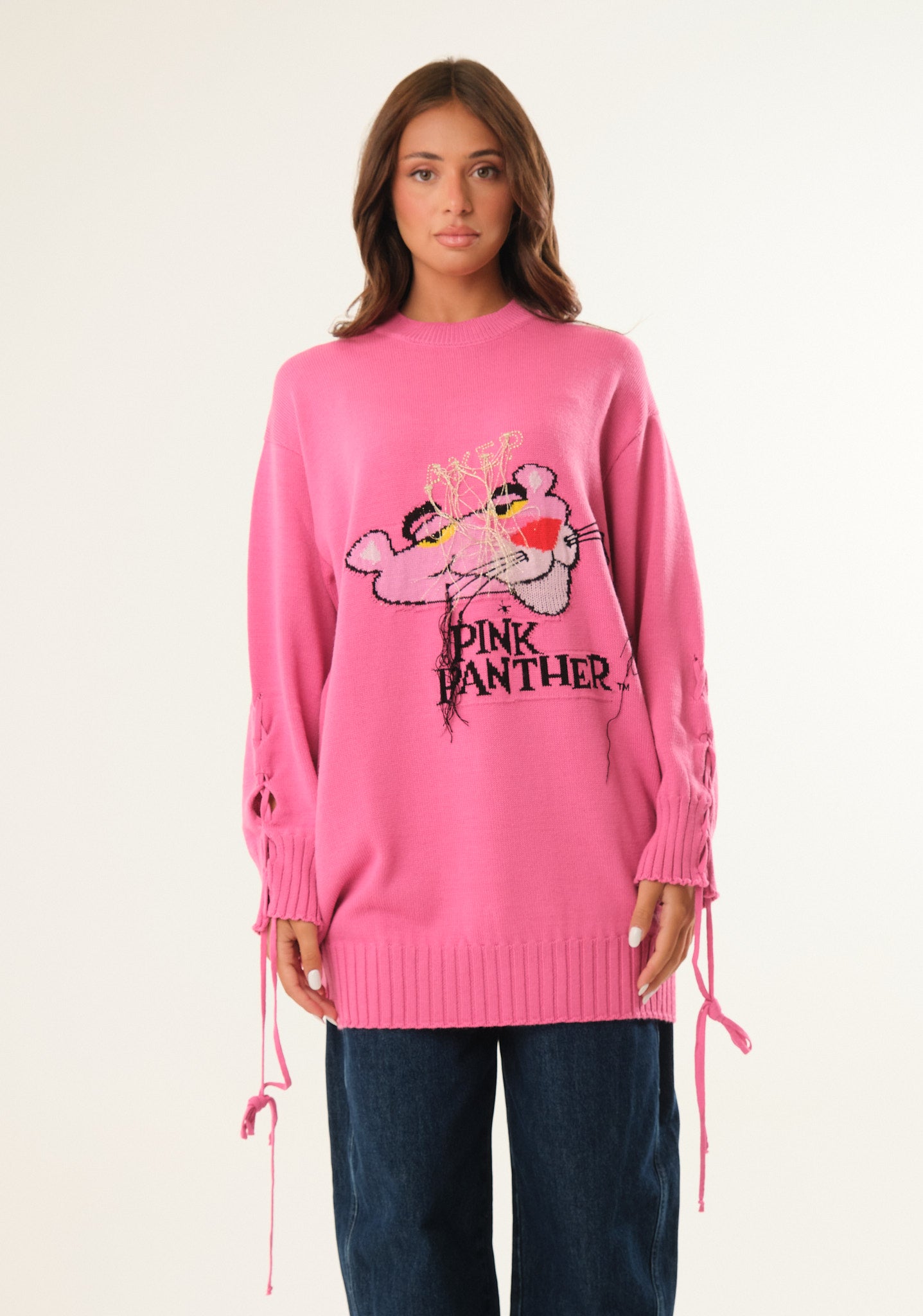 Maglione lungo con ricamo Pantera Rosa