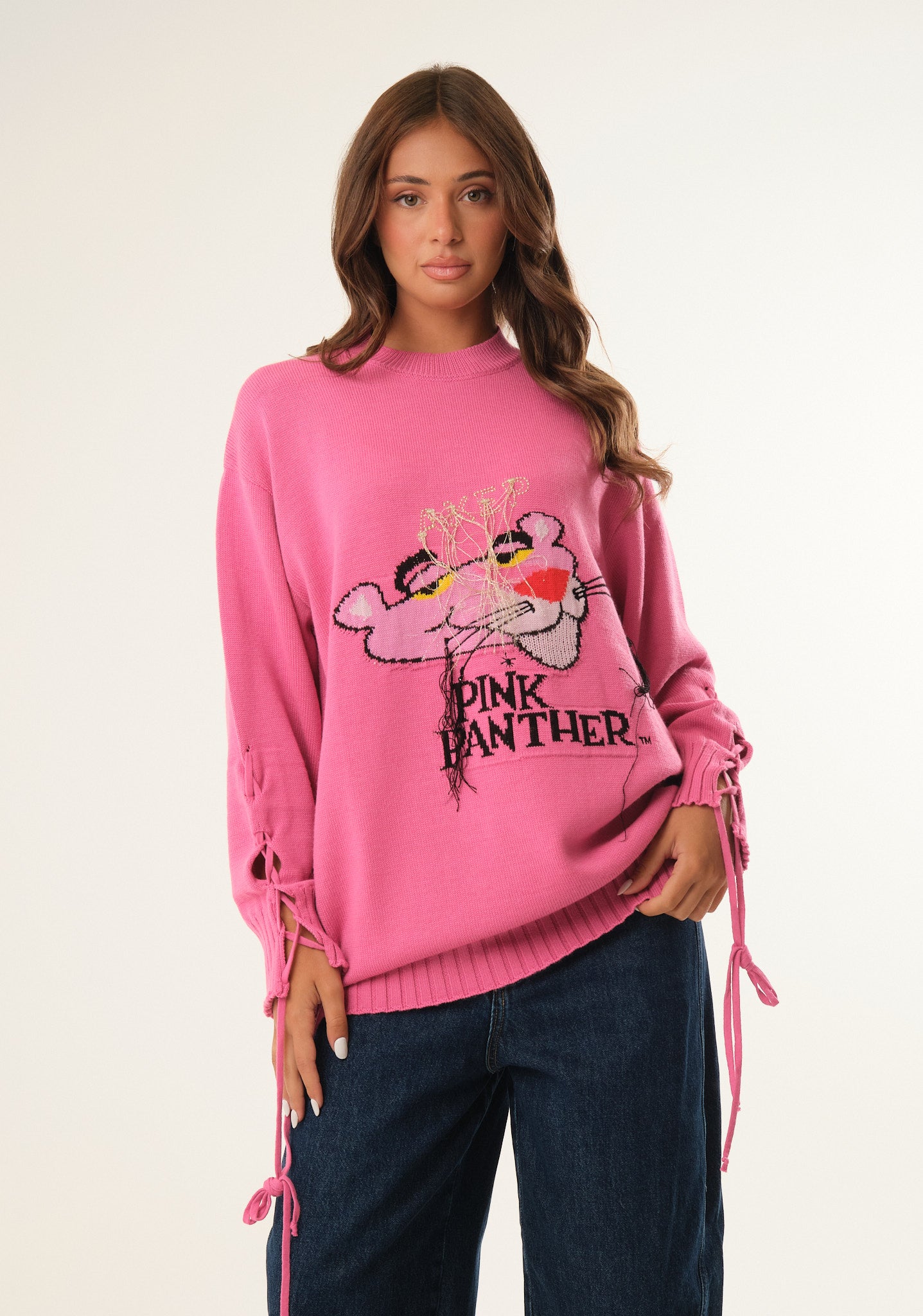 Maglione lungo con ricamo Pantera Rosa