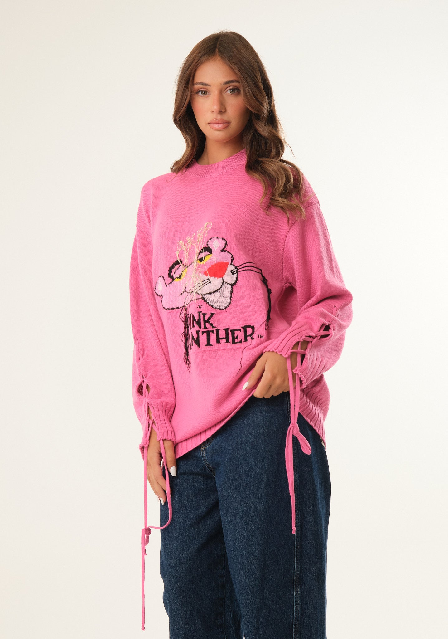 Maglione lungo con ricamo Pantera Rosa