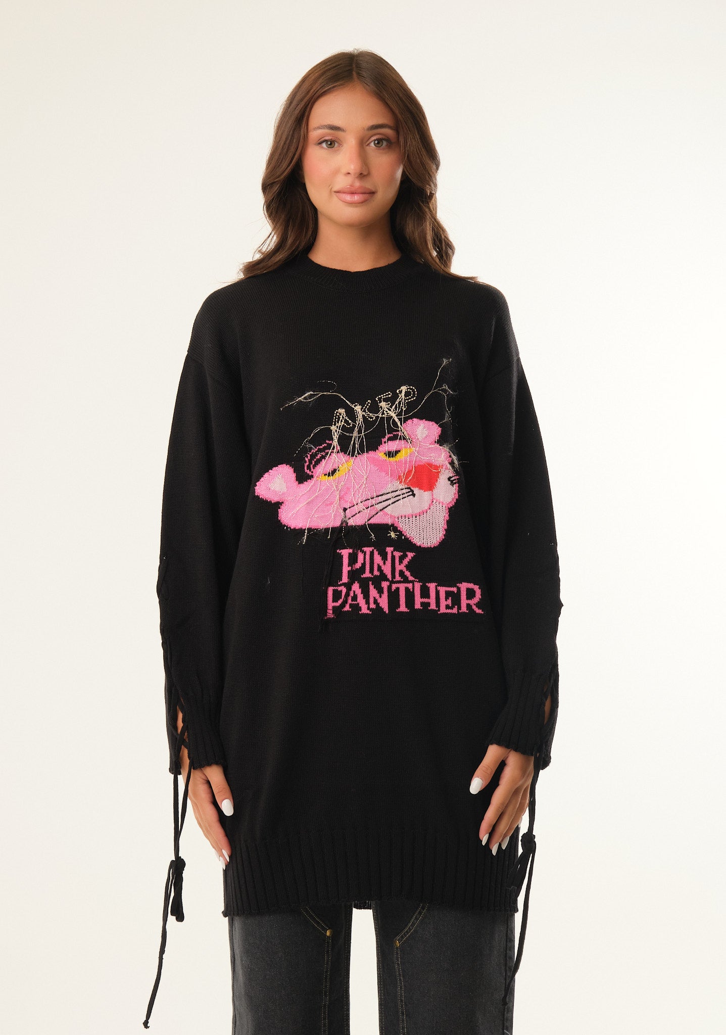 Maglione lungo con ricamo Pantera Rosa