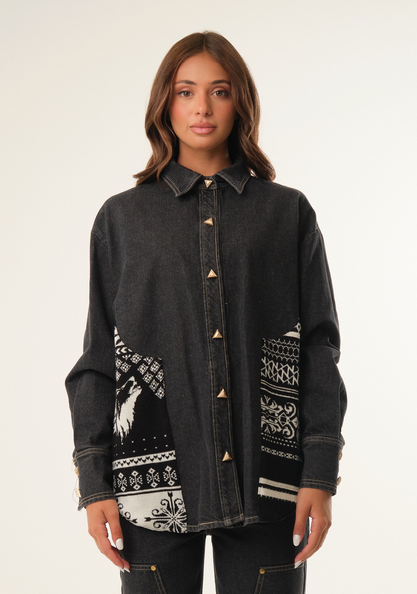Camicia denim con inserti jacquard