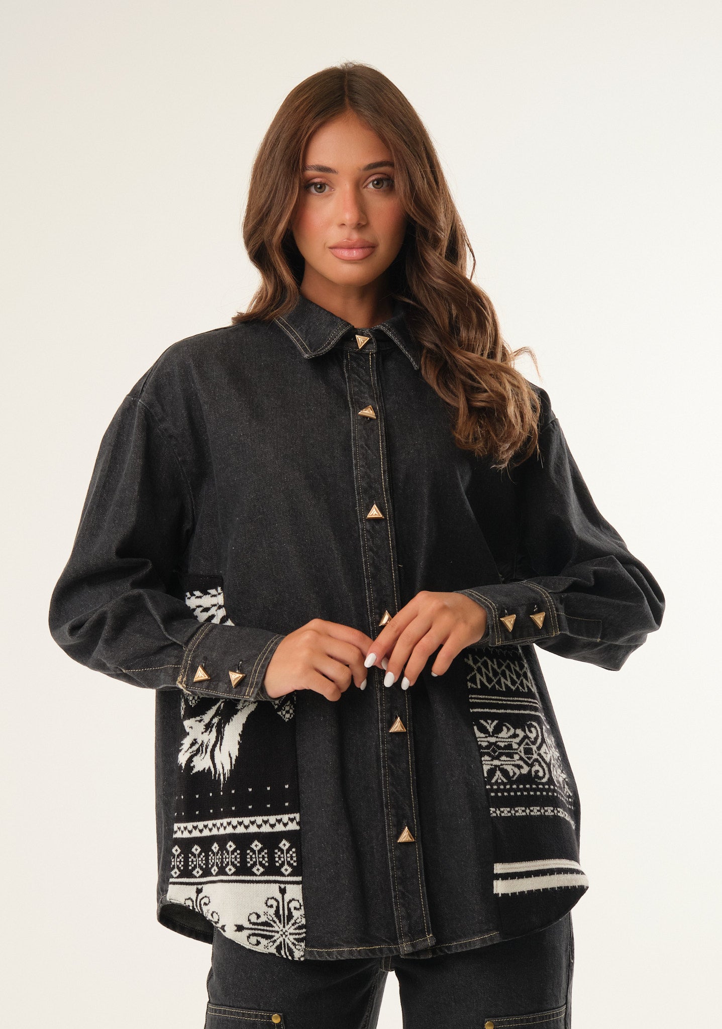 Camicia denim con inserti jacquard