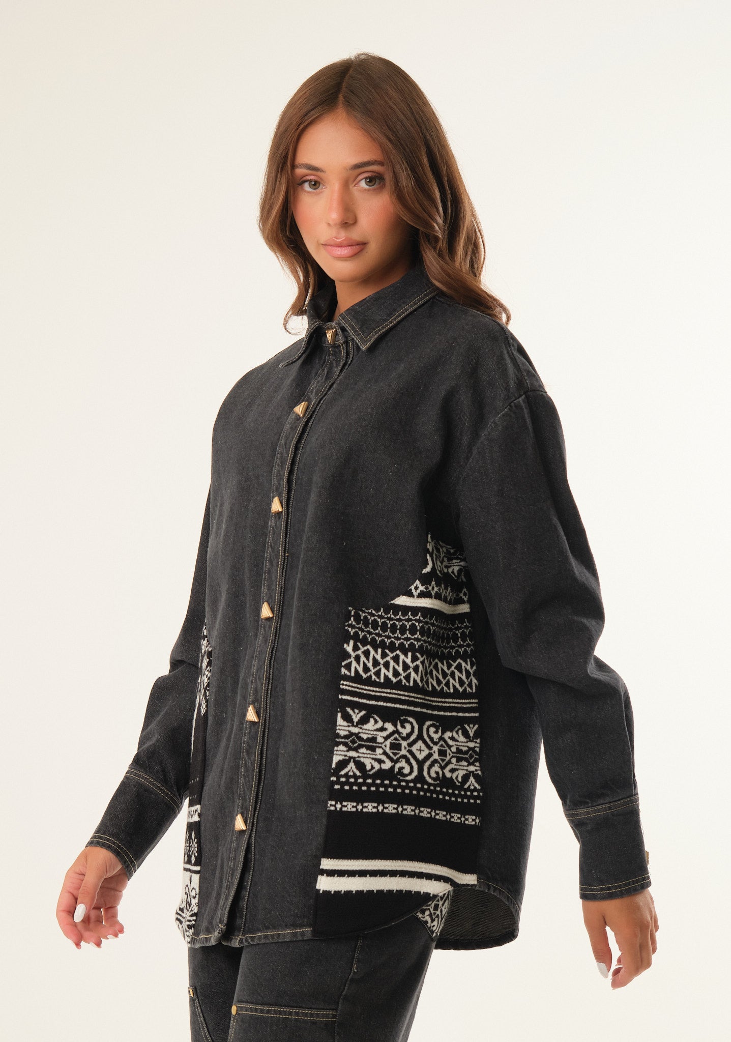 Camicia denim con inserti jacquard