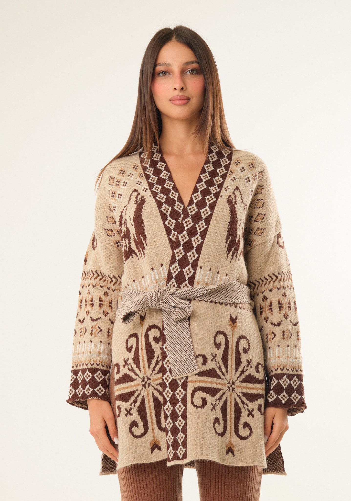 Cardigan jacquard con cintura