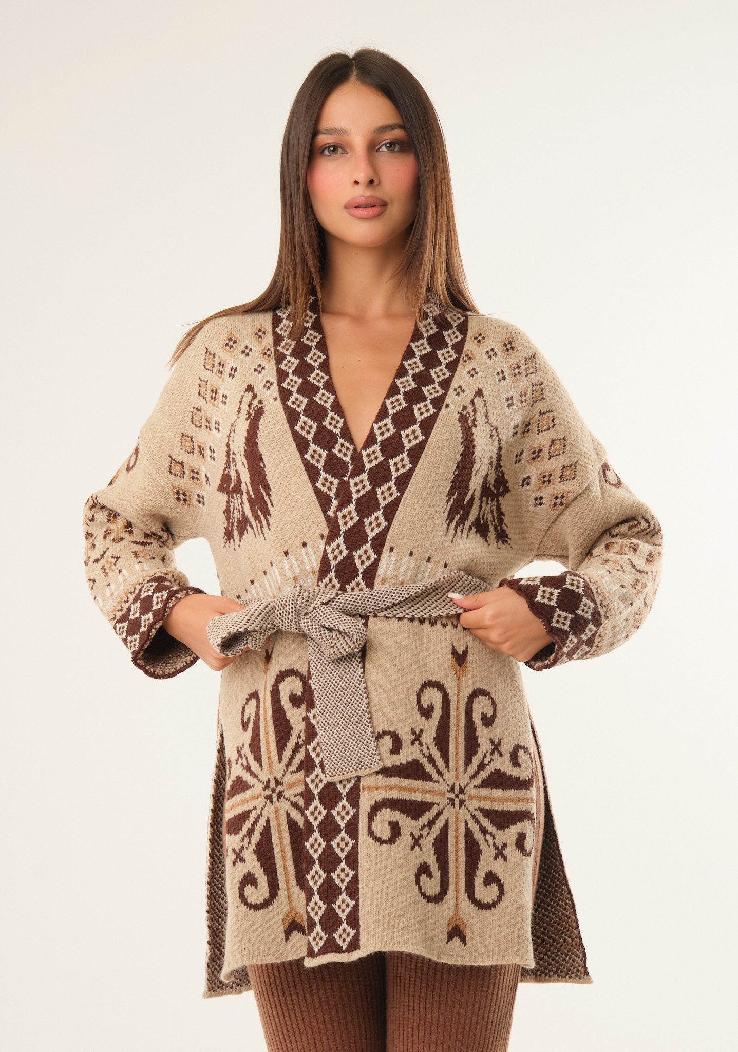 Cardigan jacquard con cintura