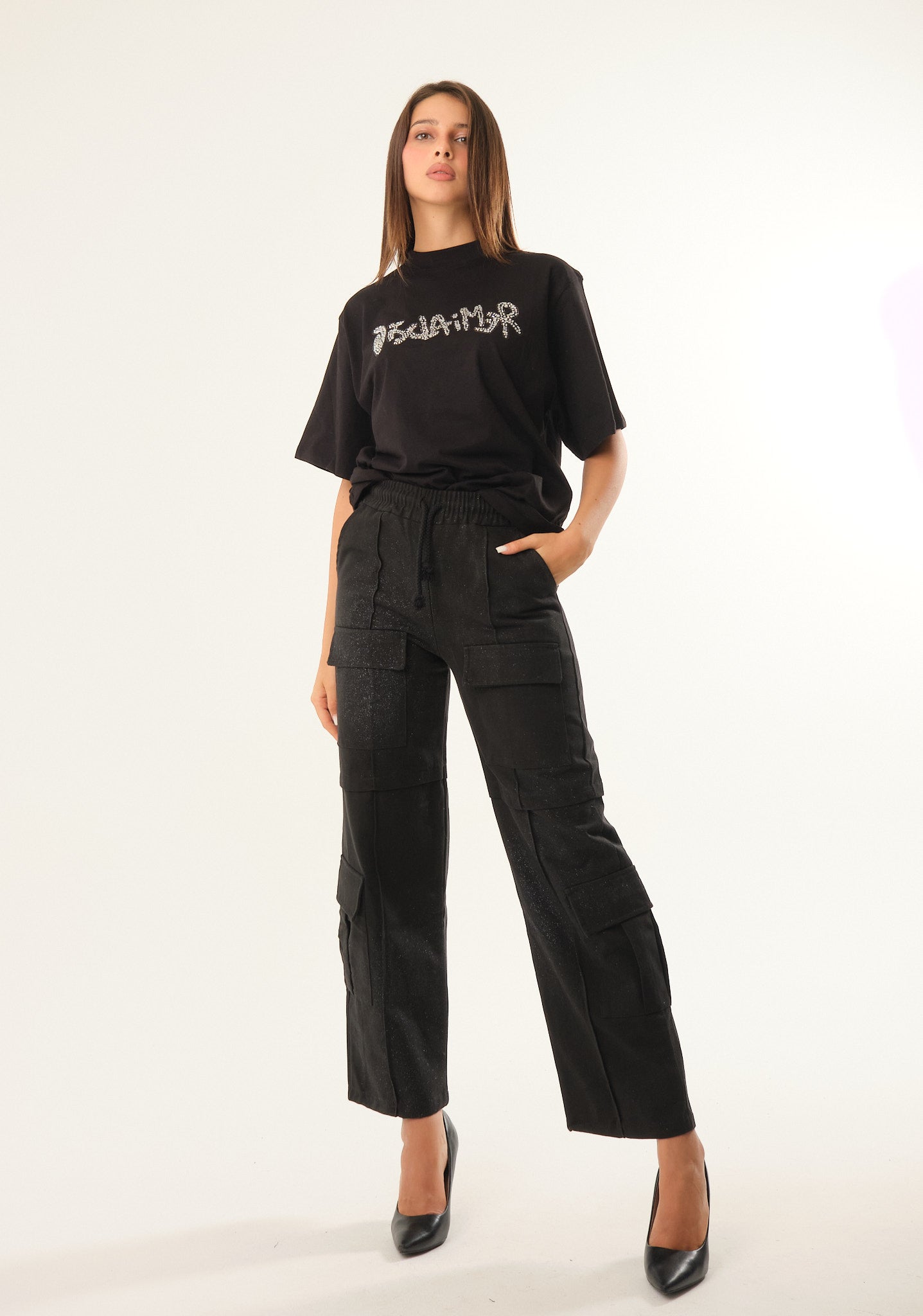 Pantalone cargo in gabardine lurex