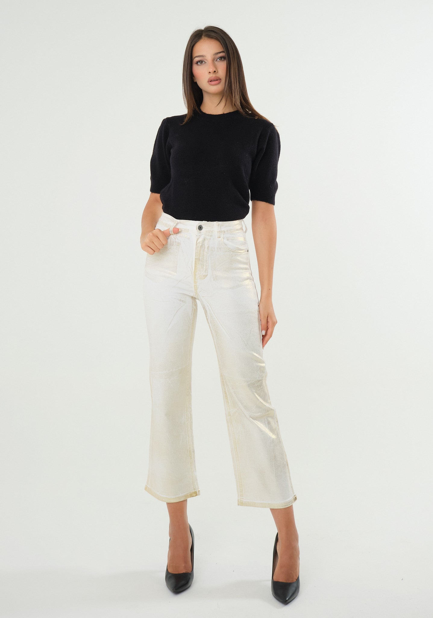 Jeans dritto con spalmatura metal