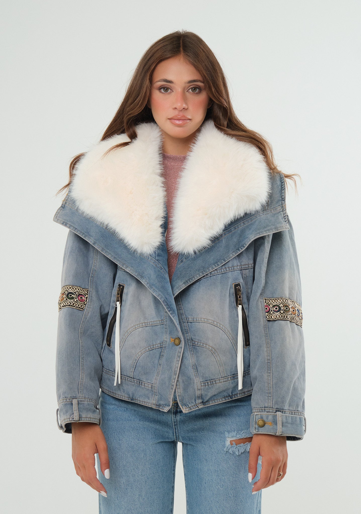 Pelliccia ecofur con denim esterno