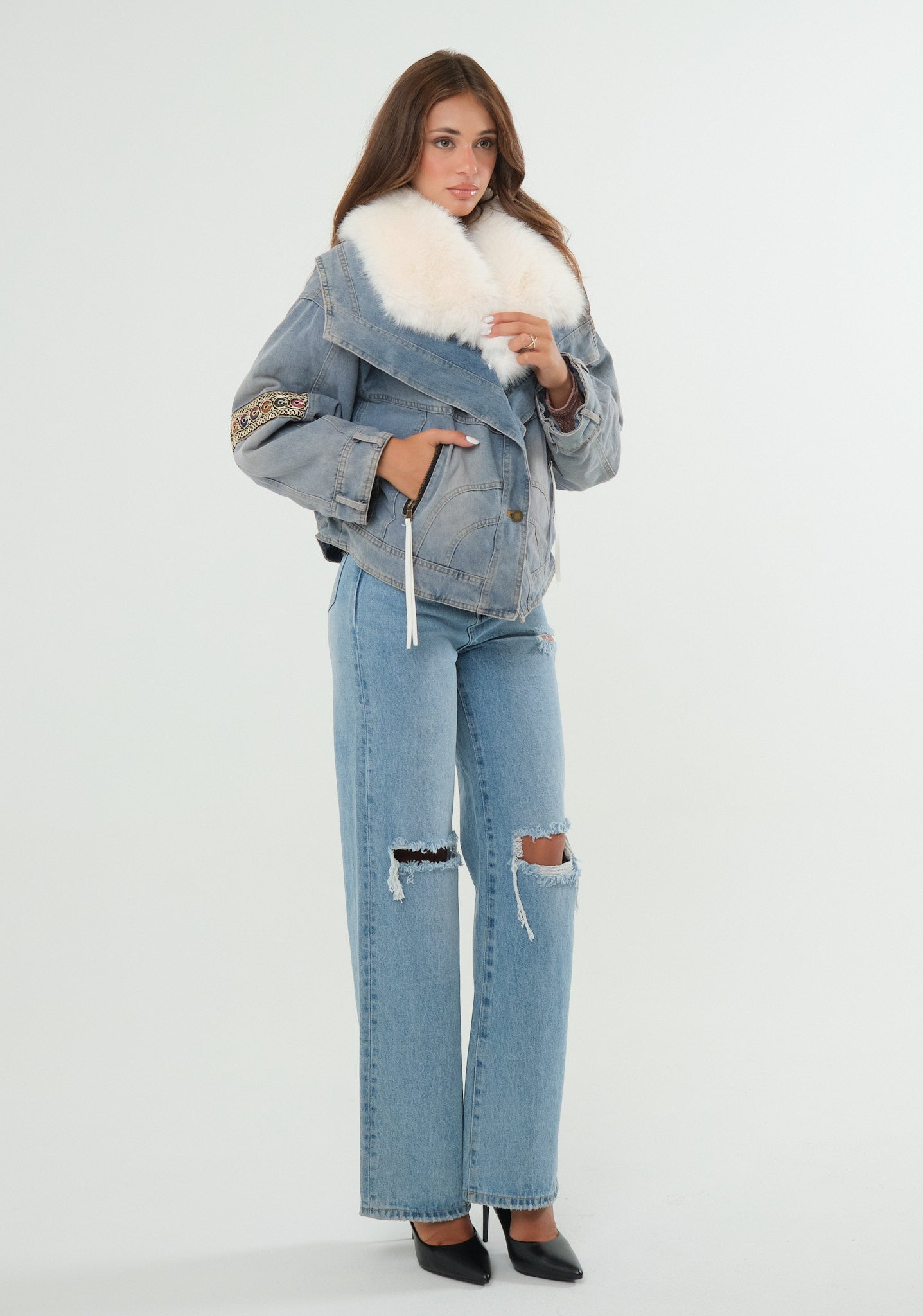 Pelliccia ecofur con denim esterno