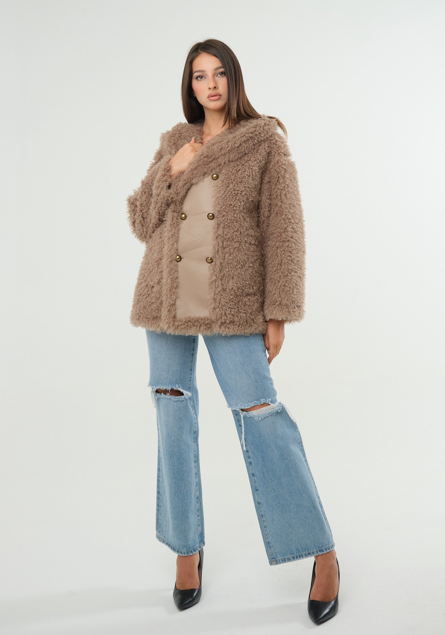 Pelliccia ecofur con inserti in ecopelle
