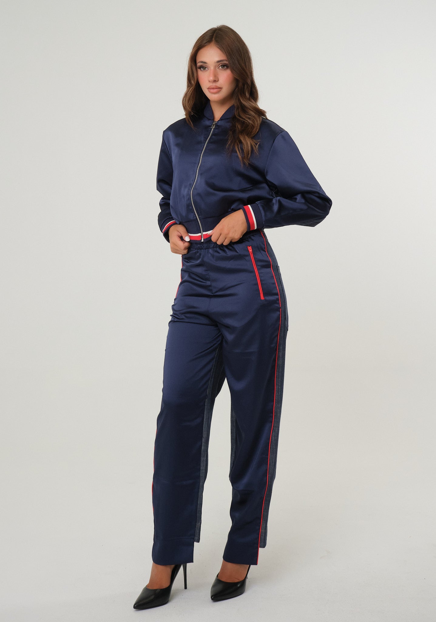 Pantalone baggy in raso e denim