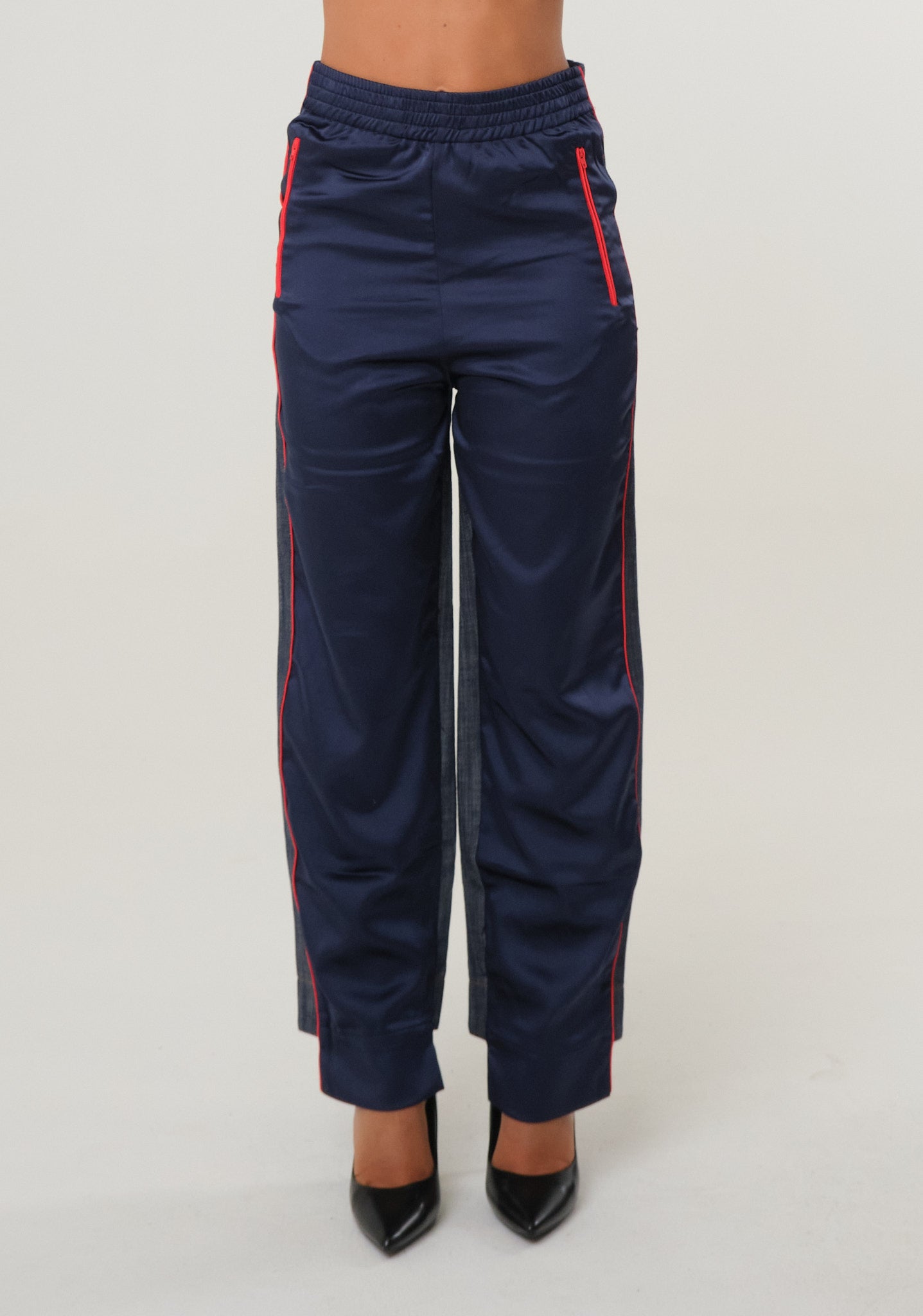 Pantalone baggy in raso e denim