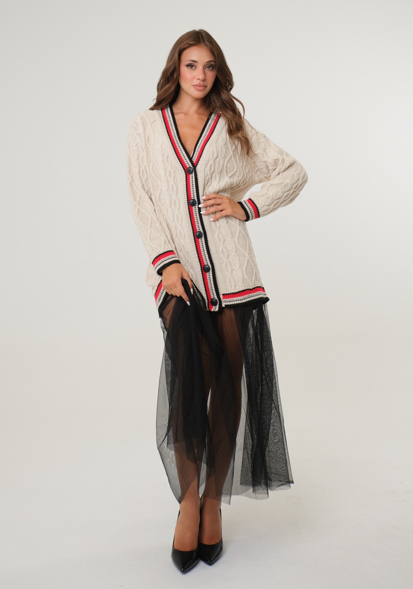 Cardigan con fondo in tulle