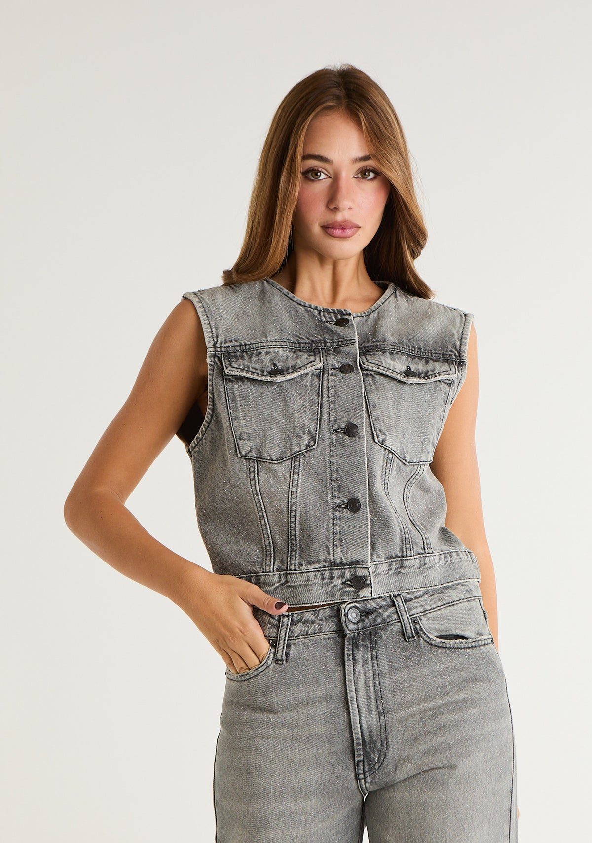 Gilet in denim glitter
