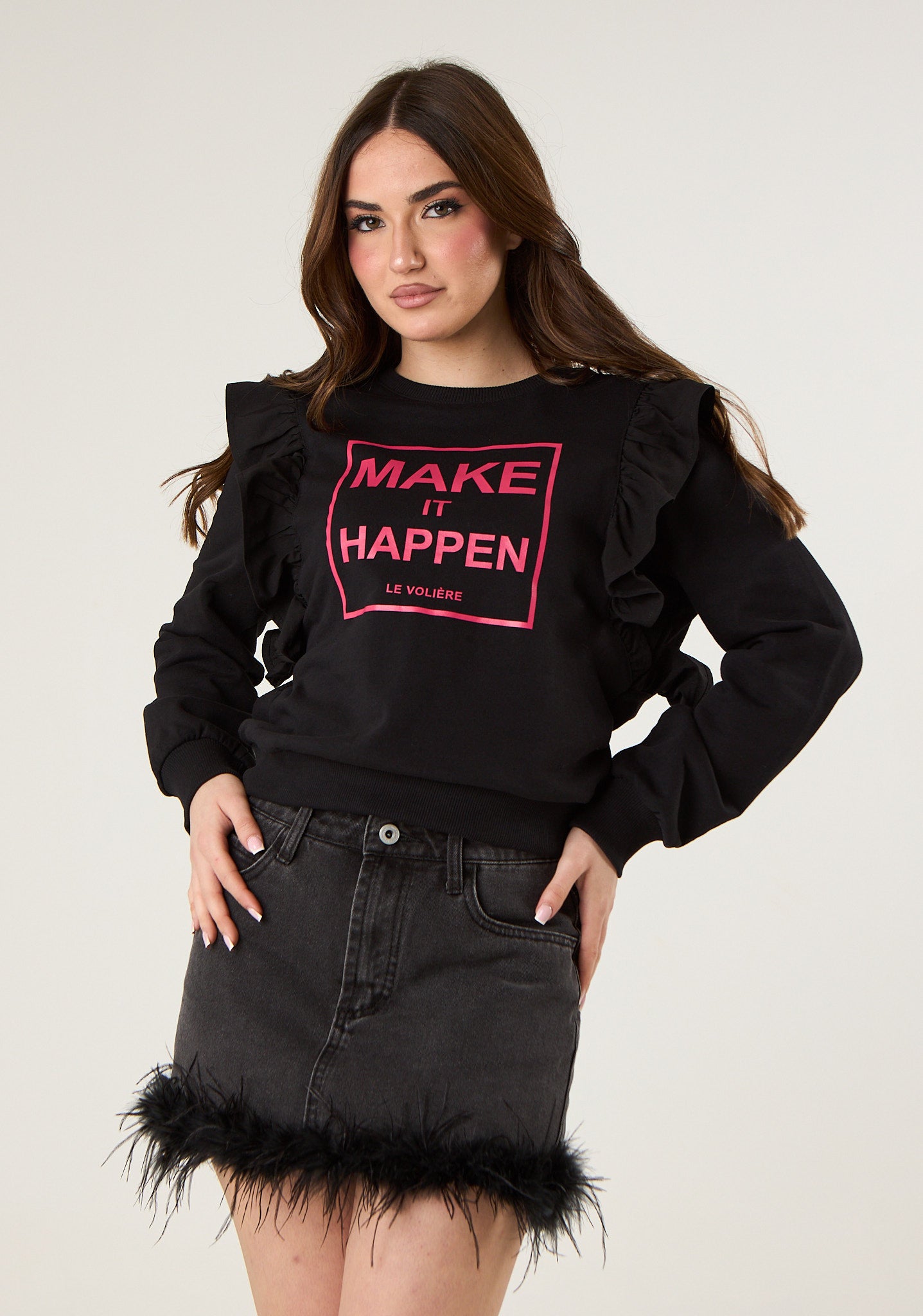 Gonna denim con piume