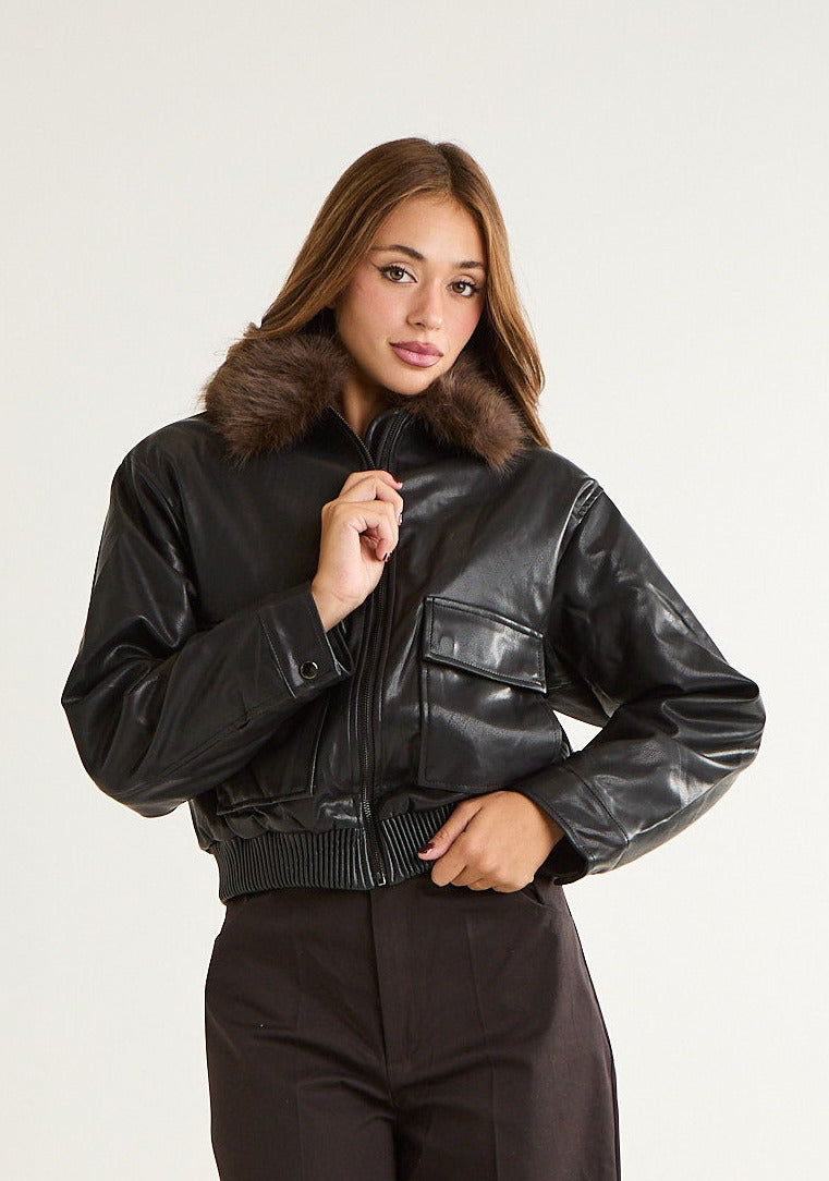 Giubbino bomber con collo in ecopelliccia