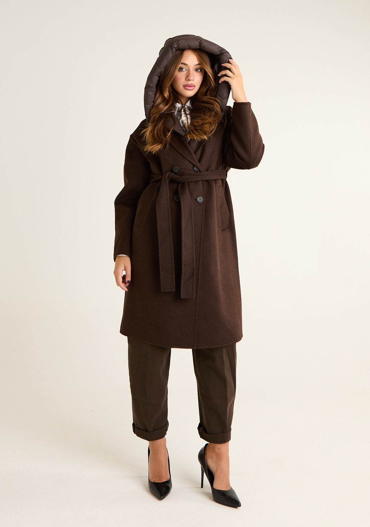 Cappotto bi-tessuto con cappuccio removibile