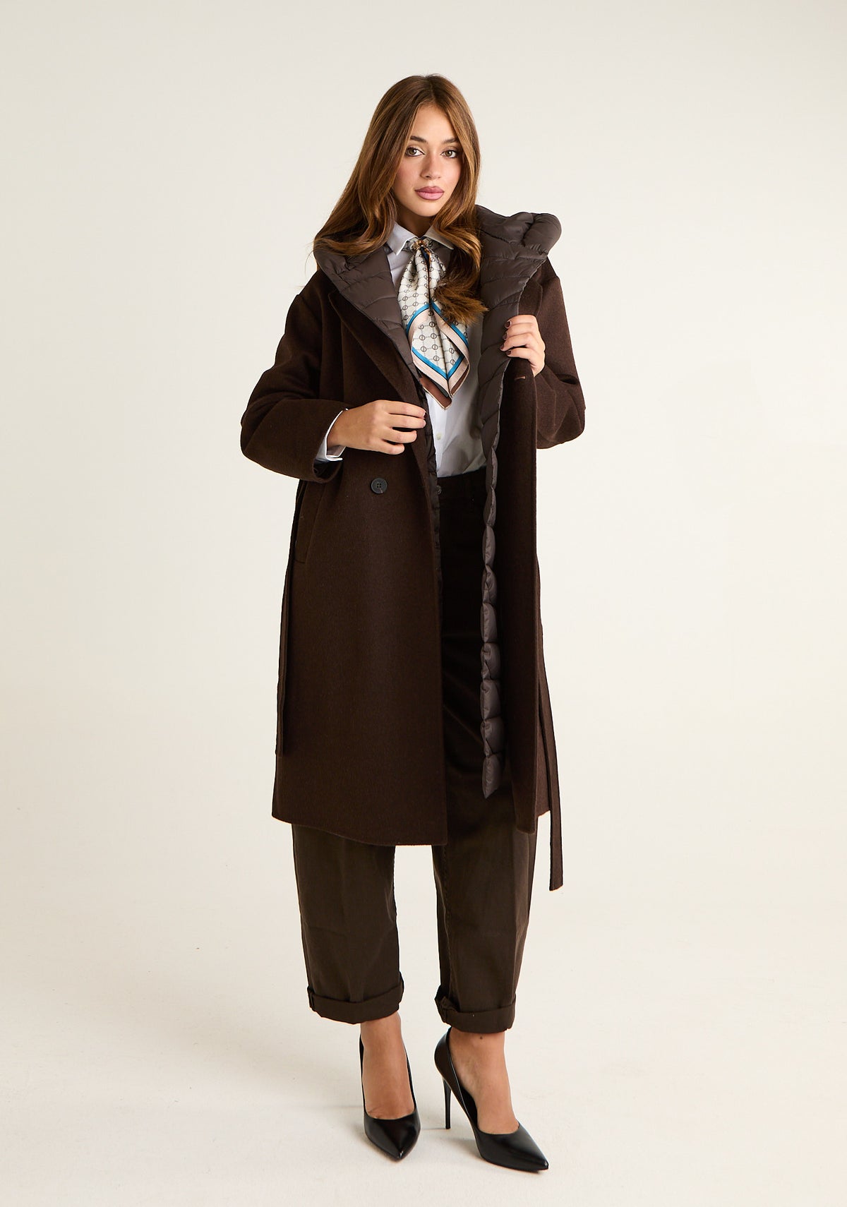 Cappotto bi-tessuto con cappuccio removibile
