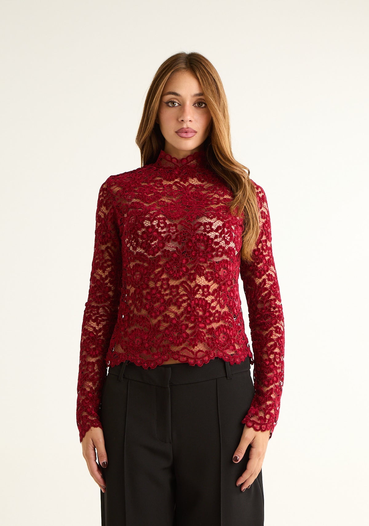Blusa in pizzo effetto seconda pelle