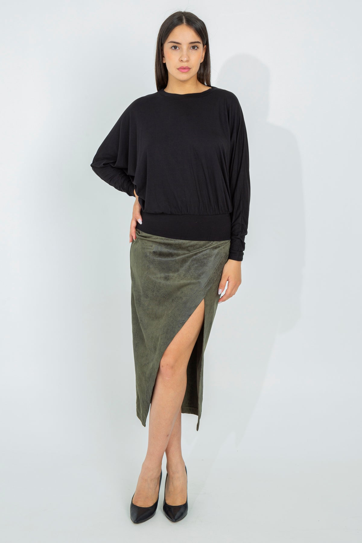 Long skirt in aged eco-leather