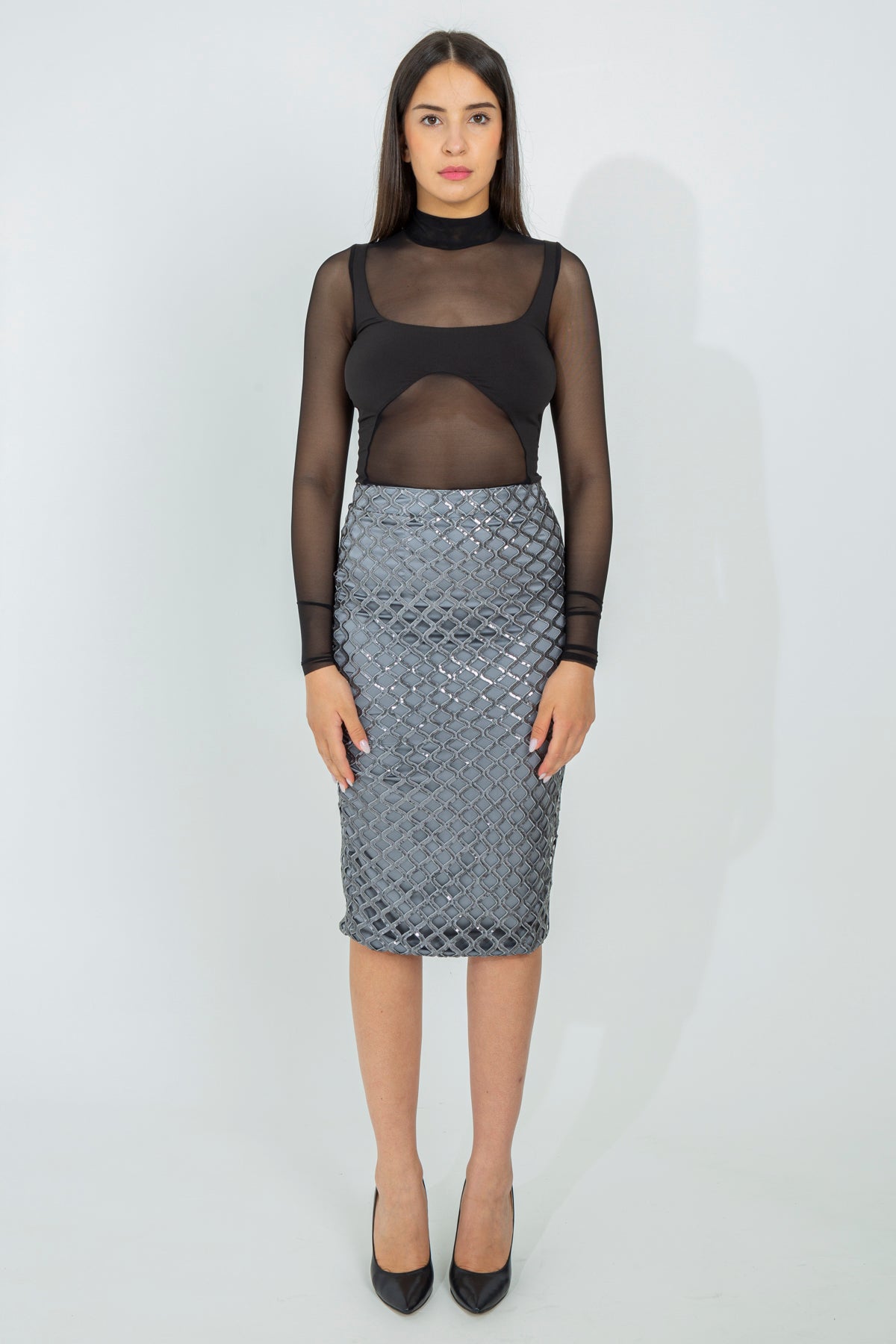 Midi skirt with wide sequin mesh