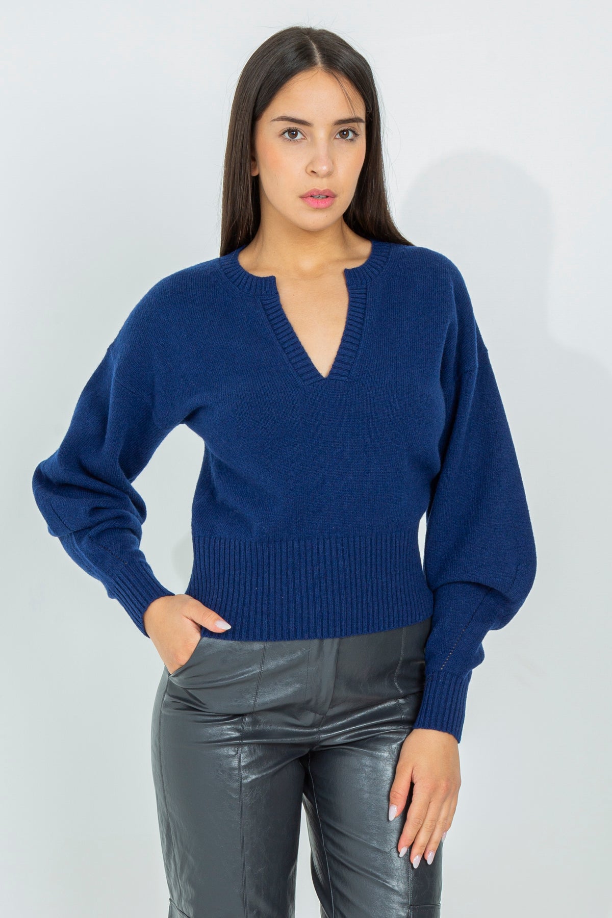 Wool sweater with profiled V-neck