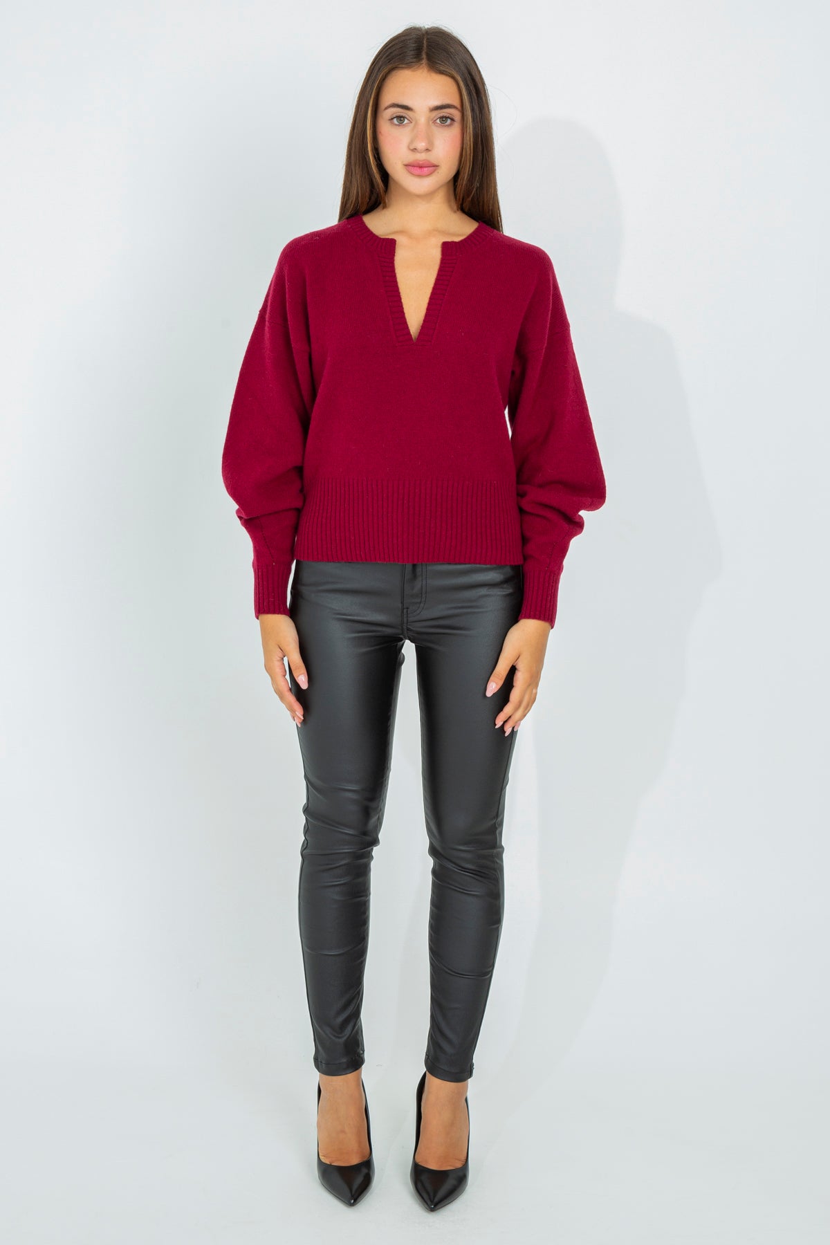 Wool sweater with profiled V-neck