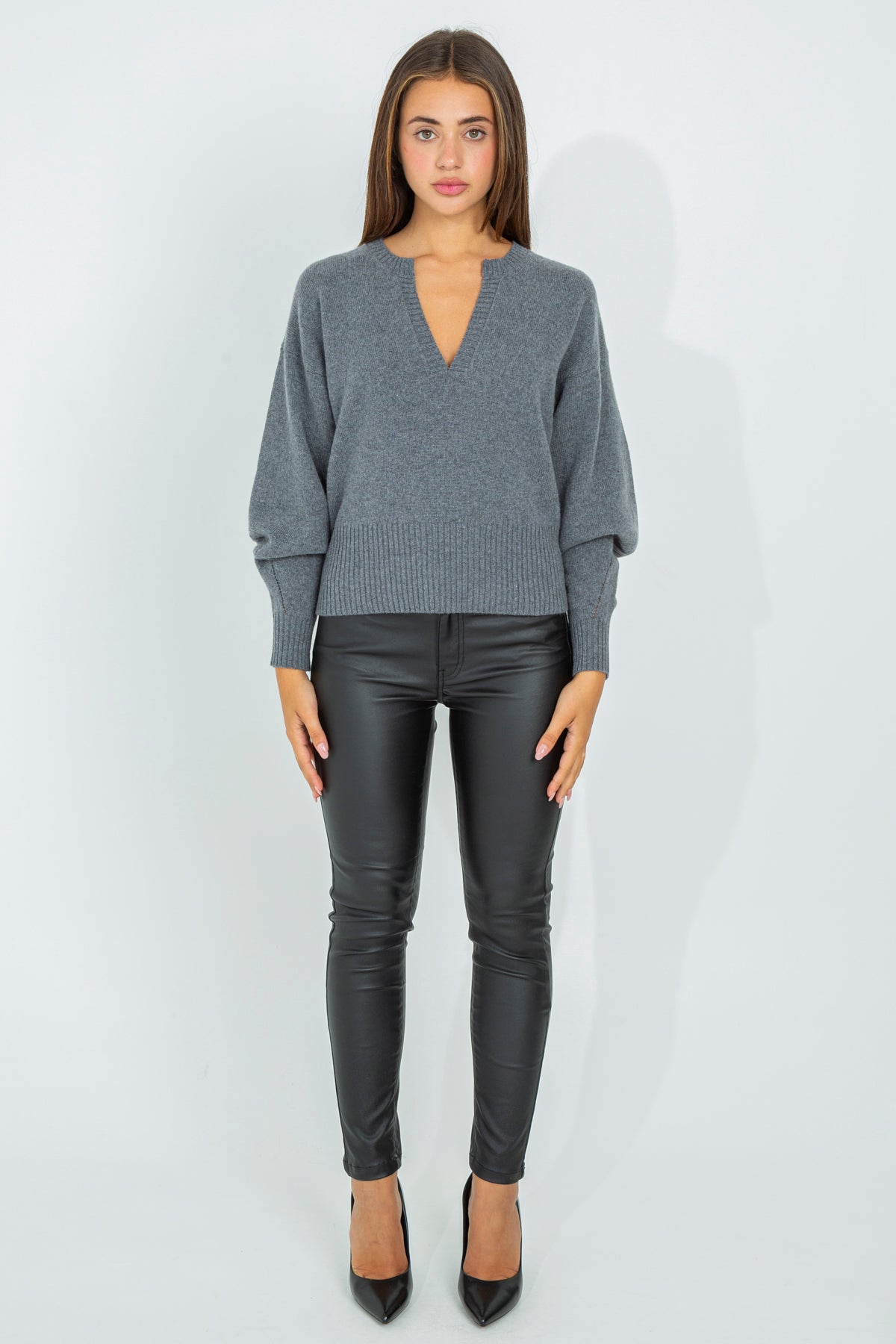 Wool sweater with profiled V-neck