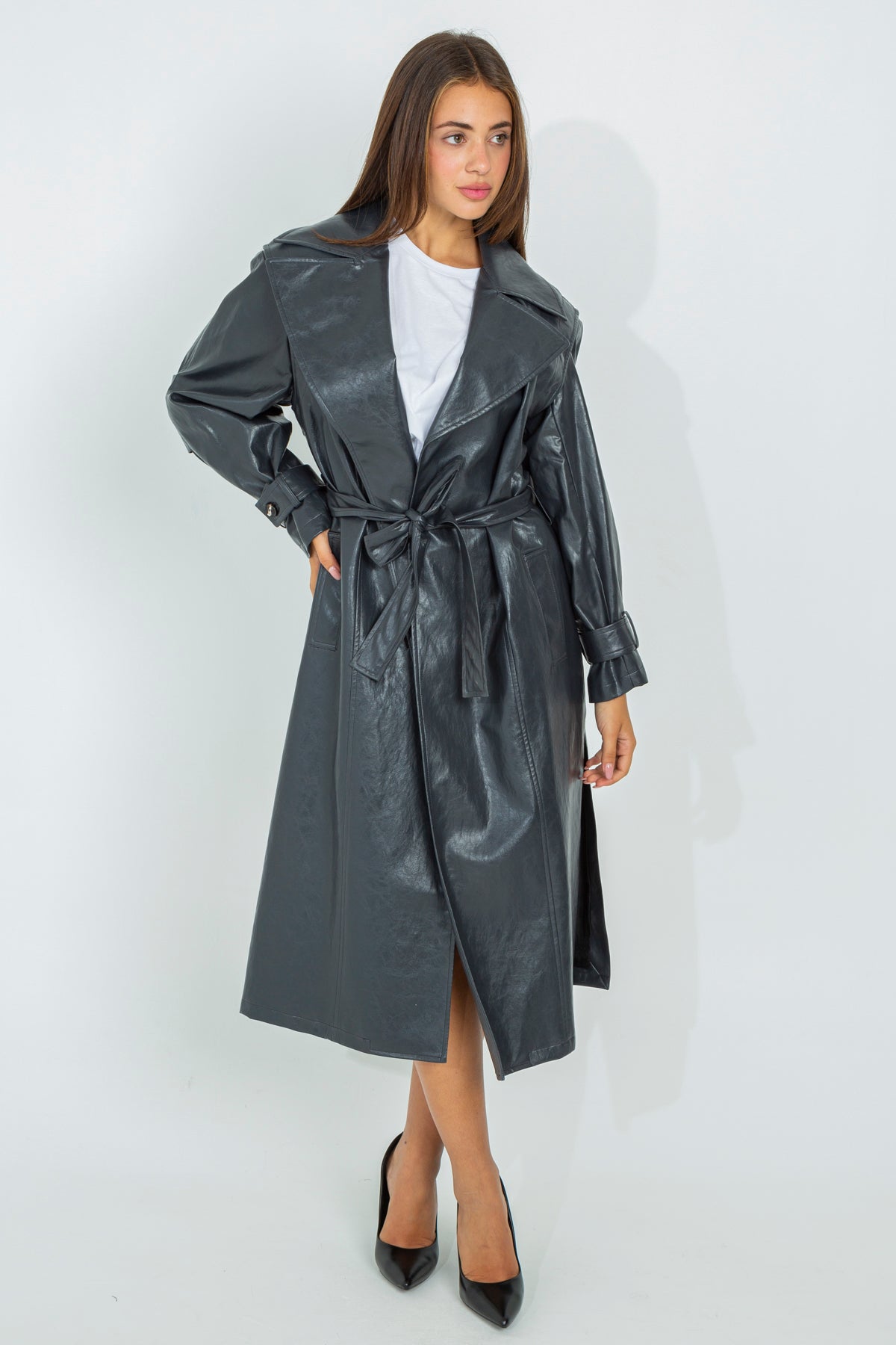 Faux leather trench coat