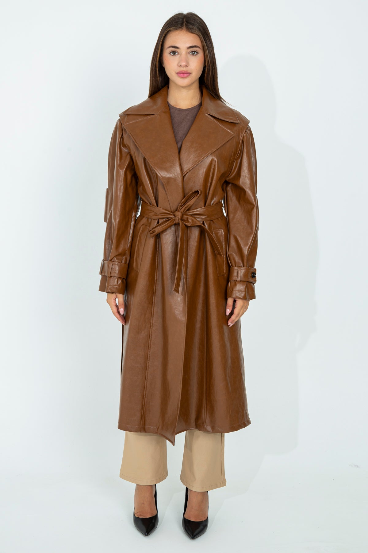 Faux leather trench coat